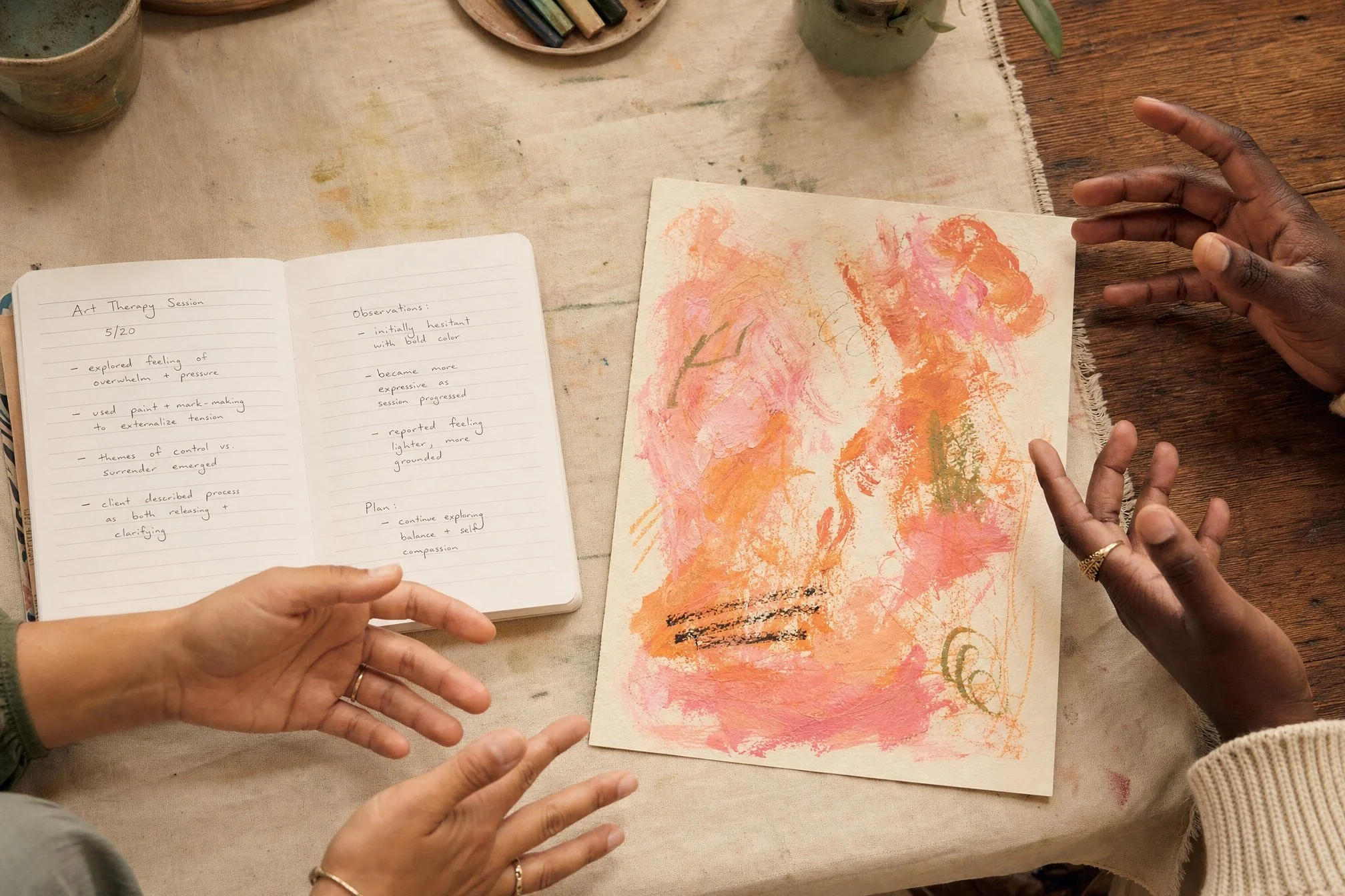 two pairs of hands gesturing over a notebook of an art therapist and a client who just produced an art work