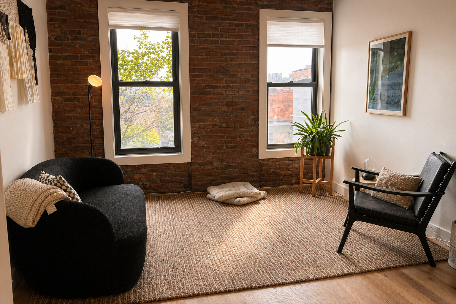 Brooklyn North therapy room with a couch, a rug, tall windows