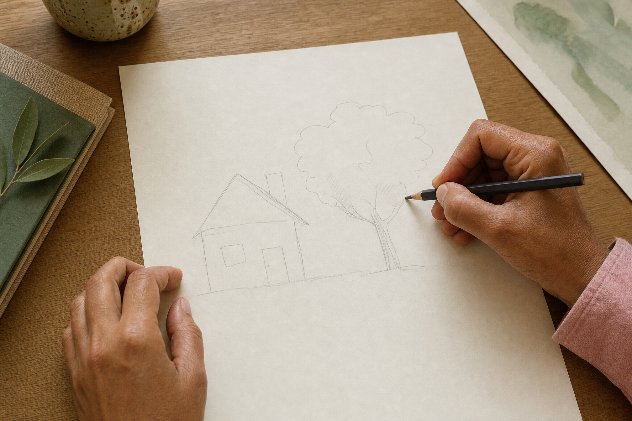 hands drawing a house and a tree as part of the HTP directive