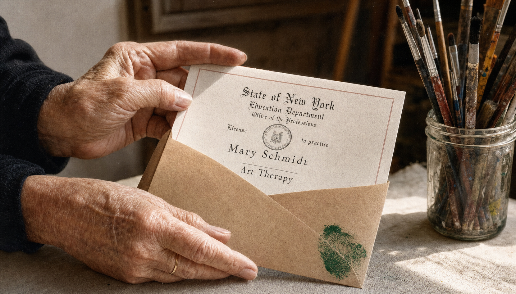 art therapist holding a licensing certification