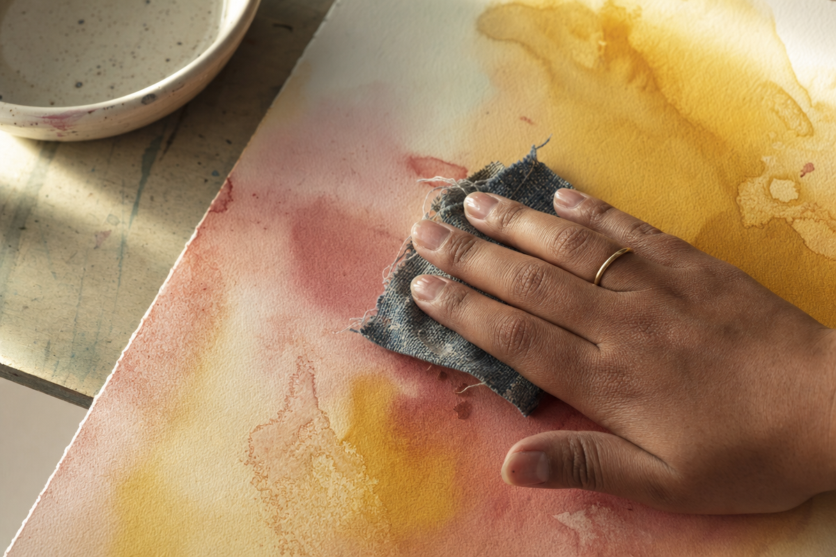 a hand smudging watercolor paint with the help of a cloth during an art therapy session