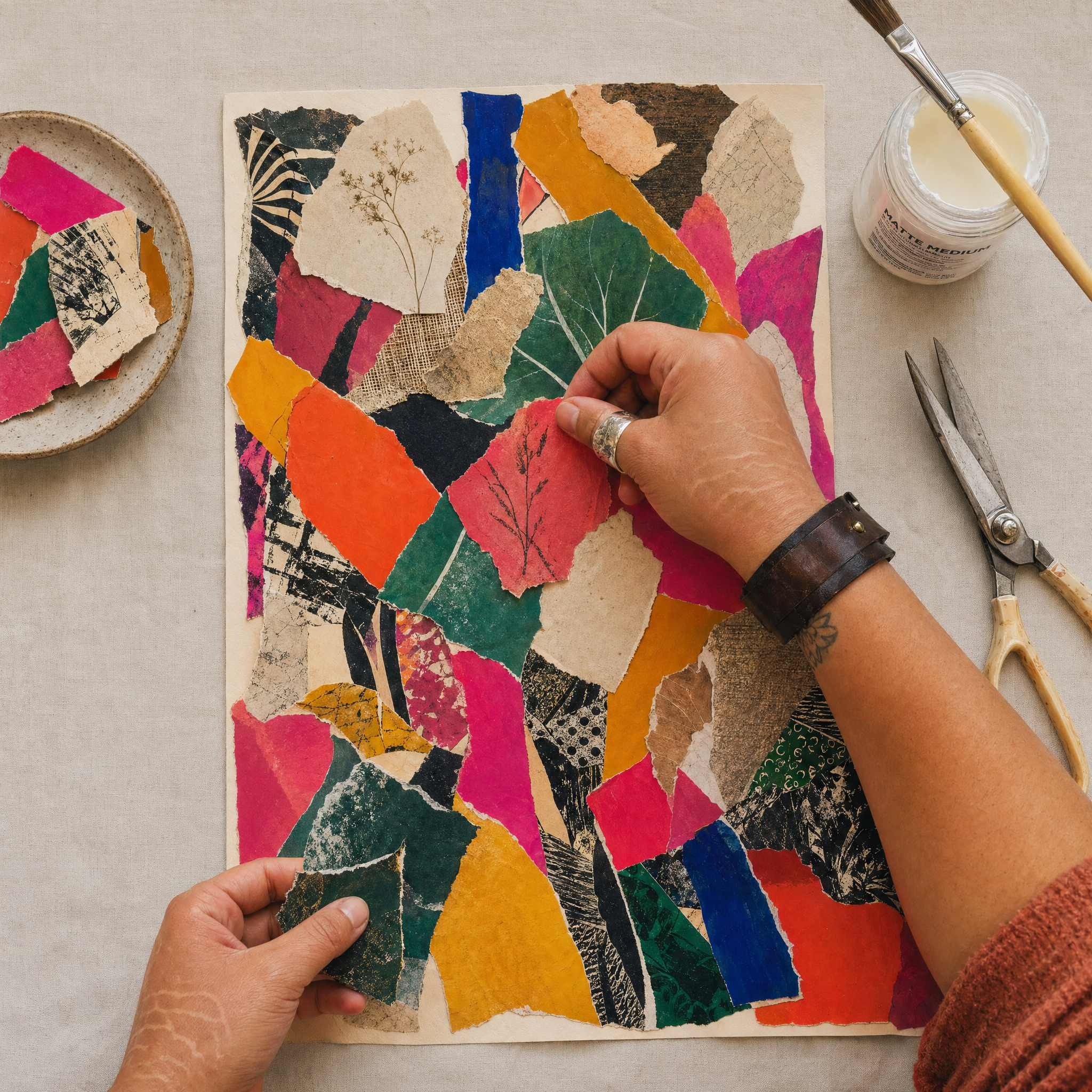 hands creating a collage in an art therapy