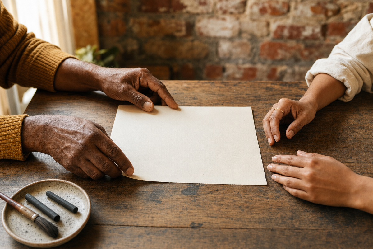 a pair of hands receives a blank piece of paper before an art therapy begins