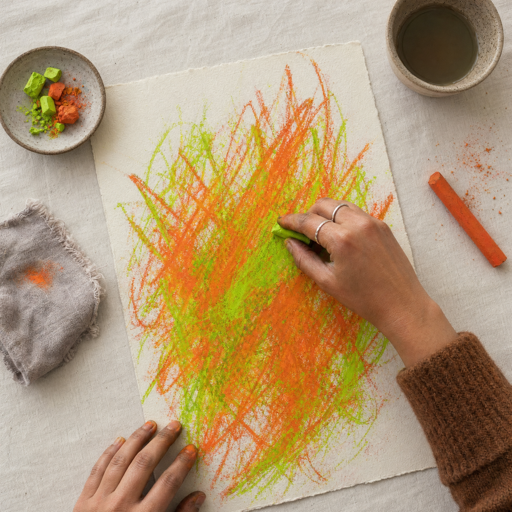 an anxious drawing of neon orange and green