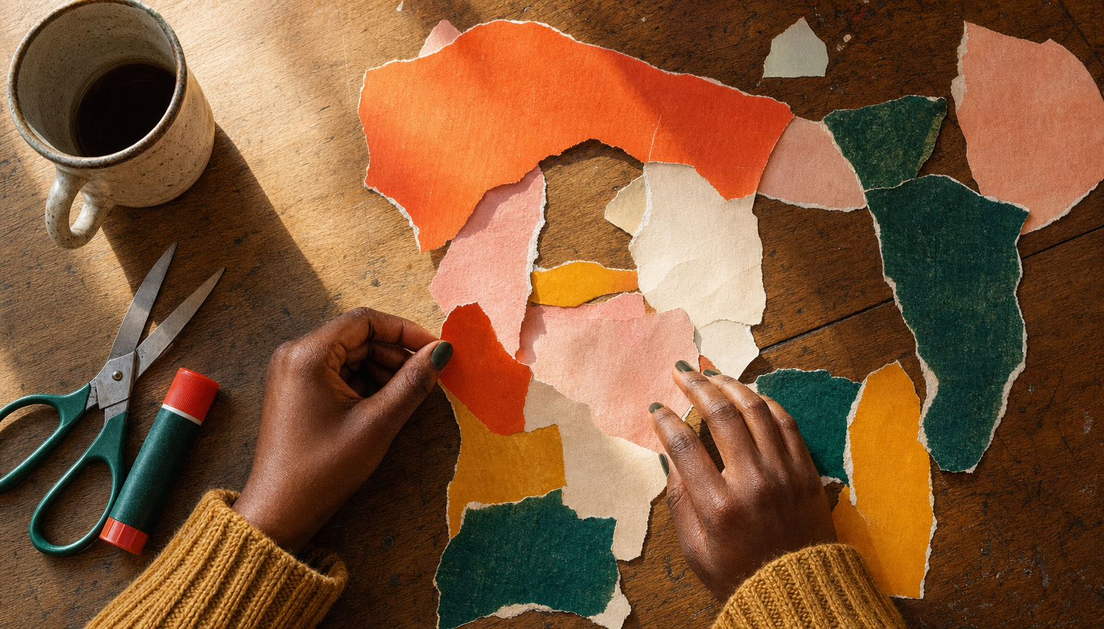 overhead view of hands arranging a torn-paper collage in orange, pink, yellow and green during an art therapy session for eating disorder recovery