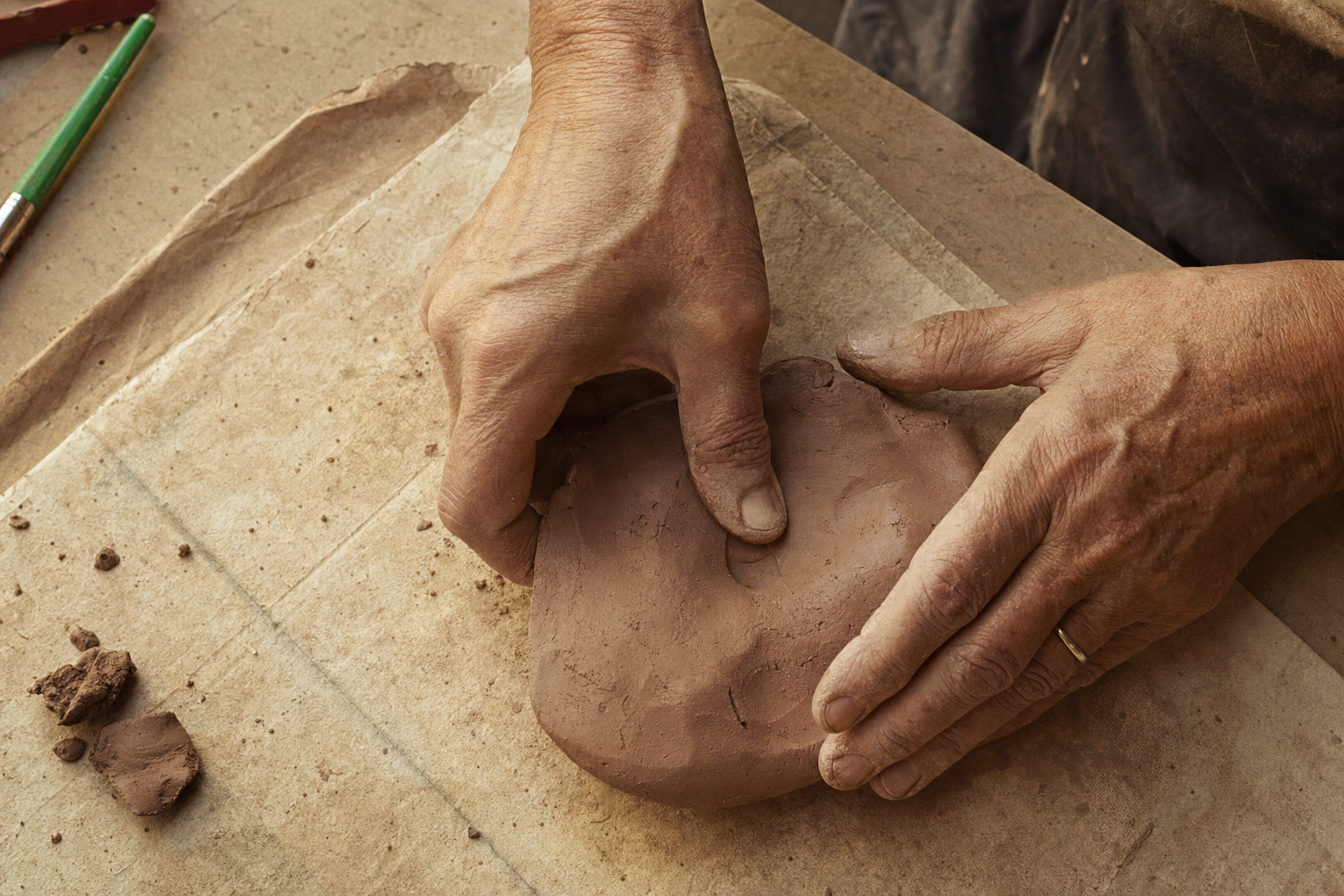 a pair of elderly hands working clay as part of an art therapy session