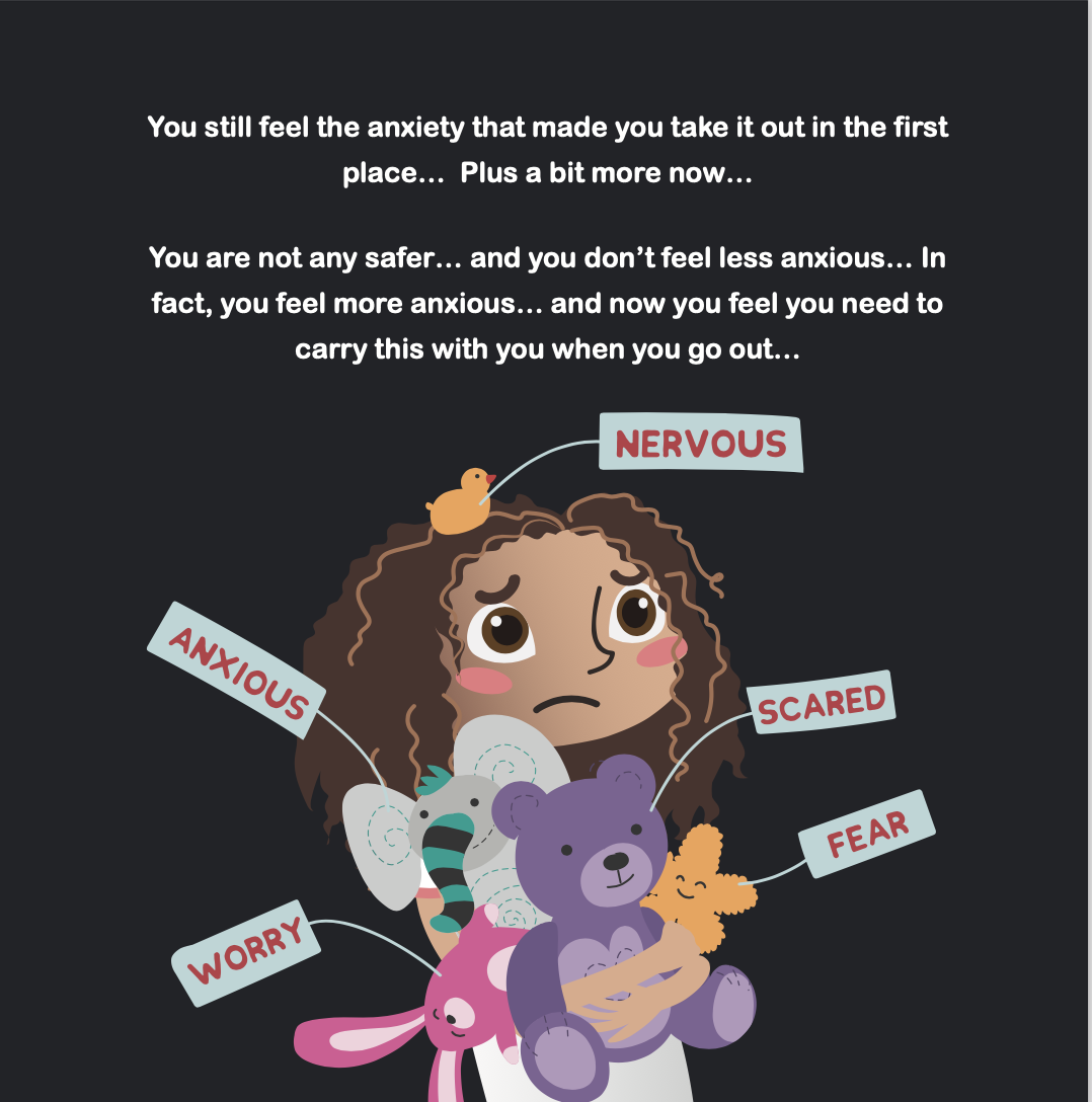 A cartoon girl with curly hair holding a purple teddy bear, surrounded by small animals, looking anxious. Labels indicating feelings of nervous, anxious, worried, scared, and fear are pointing to her.