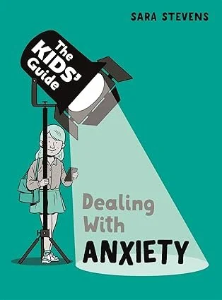 Cover of a book titled 'Dealing With Anxiety' by Sara Stevens, featuring a girl holding a remote control and a bright spotlight.