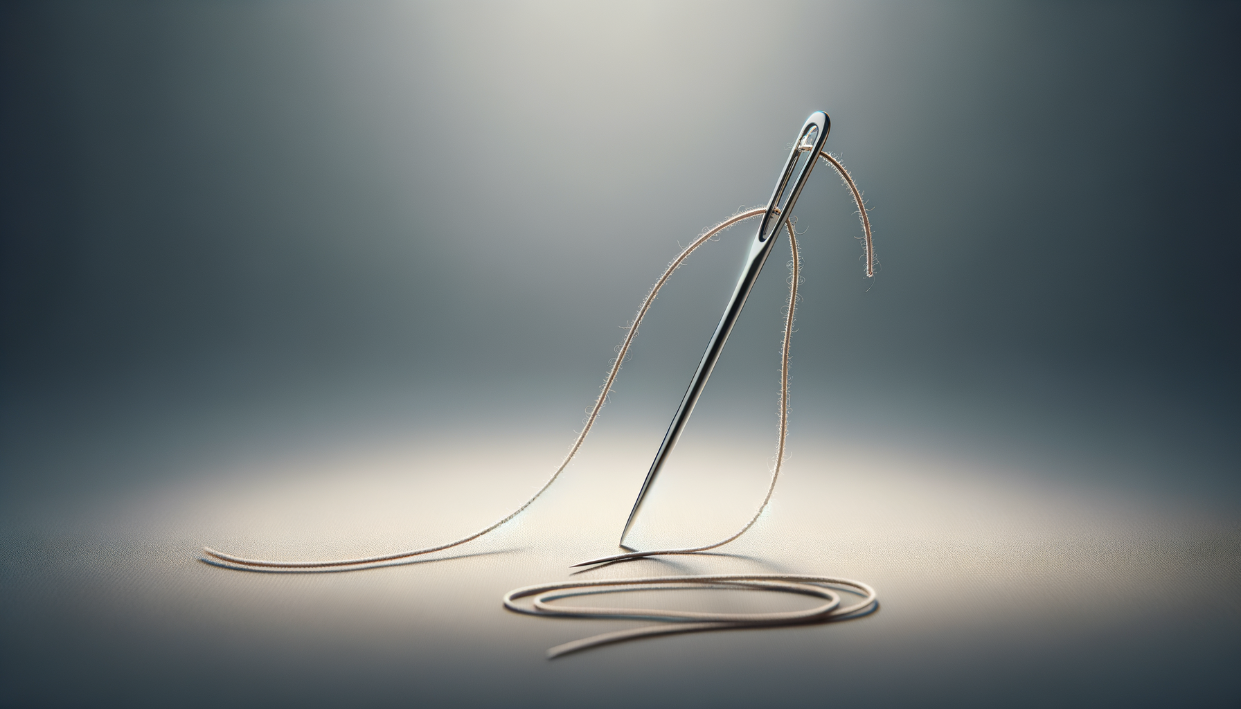 A sewing needle with a thread passing through its eye, positioned upright on a flat surface with a loose thread curled around at the base.