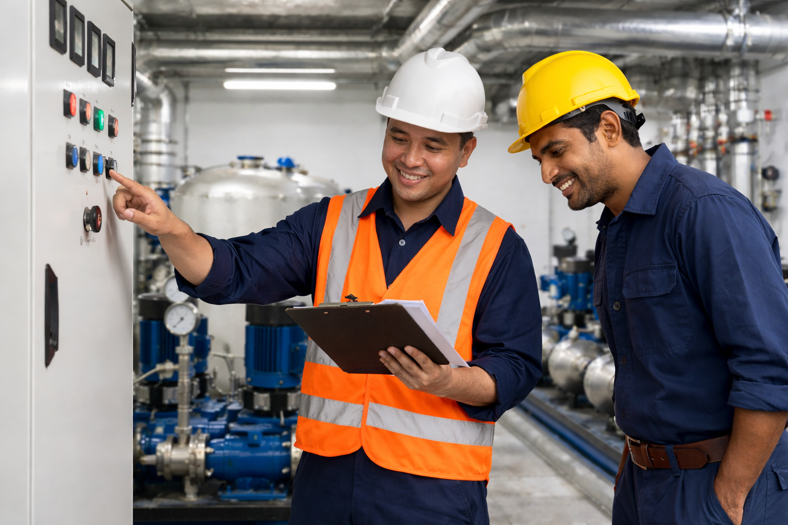 Two male technicians inspecting a control panel in an industrial facility, one in an orange safety vest and white helmet, the other in a yellow helmet, both smiling.