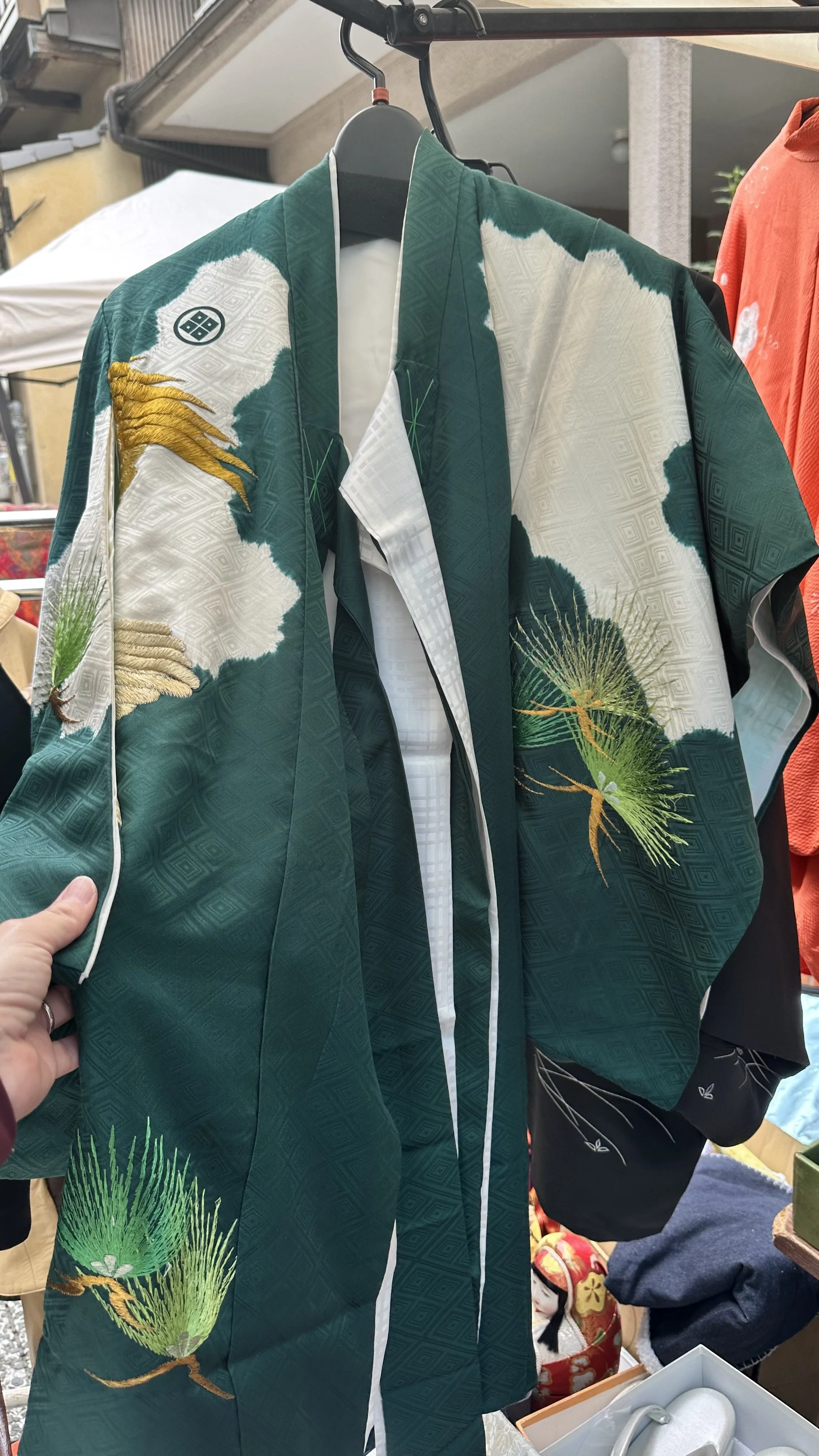 Vintage Japanese haori in deep green silk with white crane motif