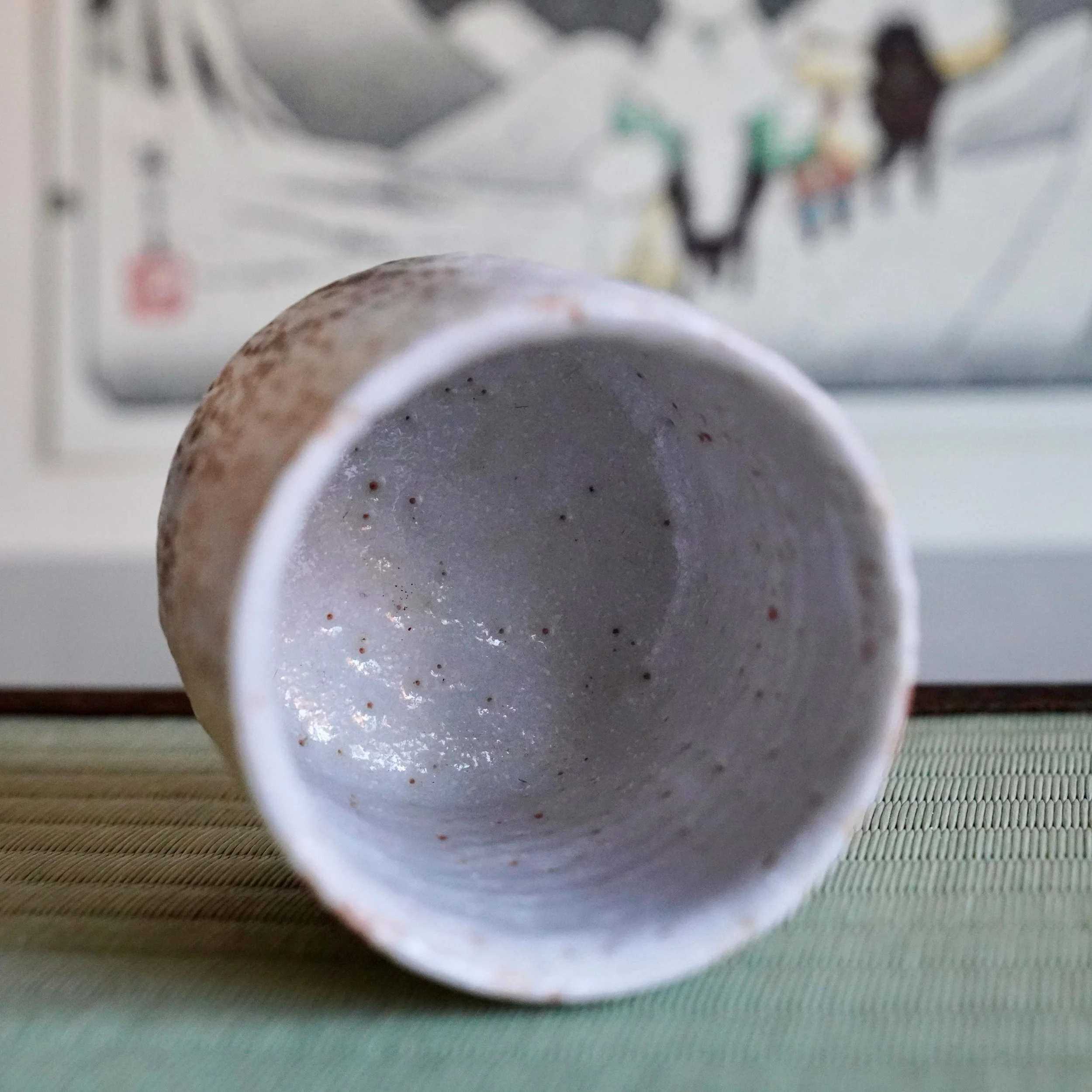 Katō Shōhei (Yōkun) Shino yunomi, angled view showing interior white glaze with dark iron spots. Reddish-brown clay on exterior, on a tatami mat.