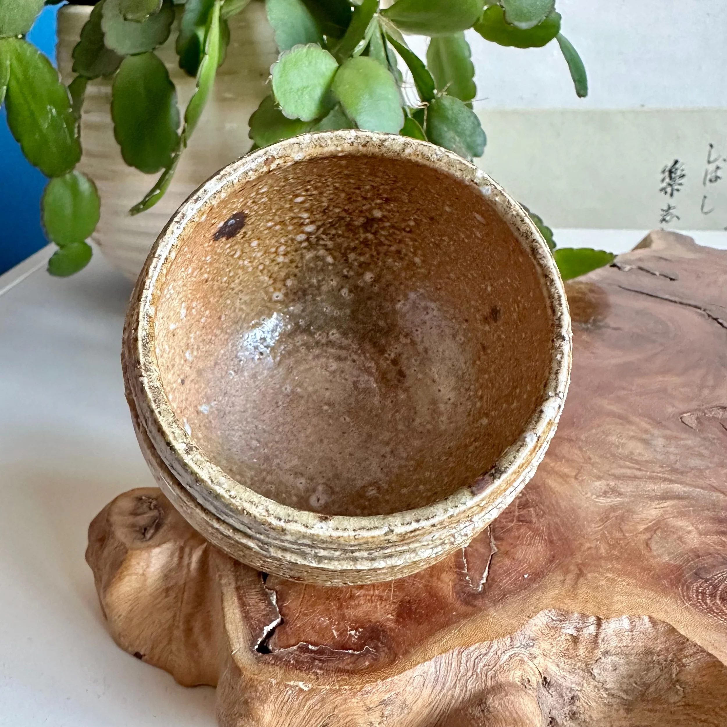 Close up of Shigaraki-yaki tezukuri sticker reading Royal Yamamoto, handmade stoneware