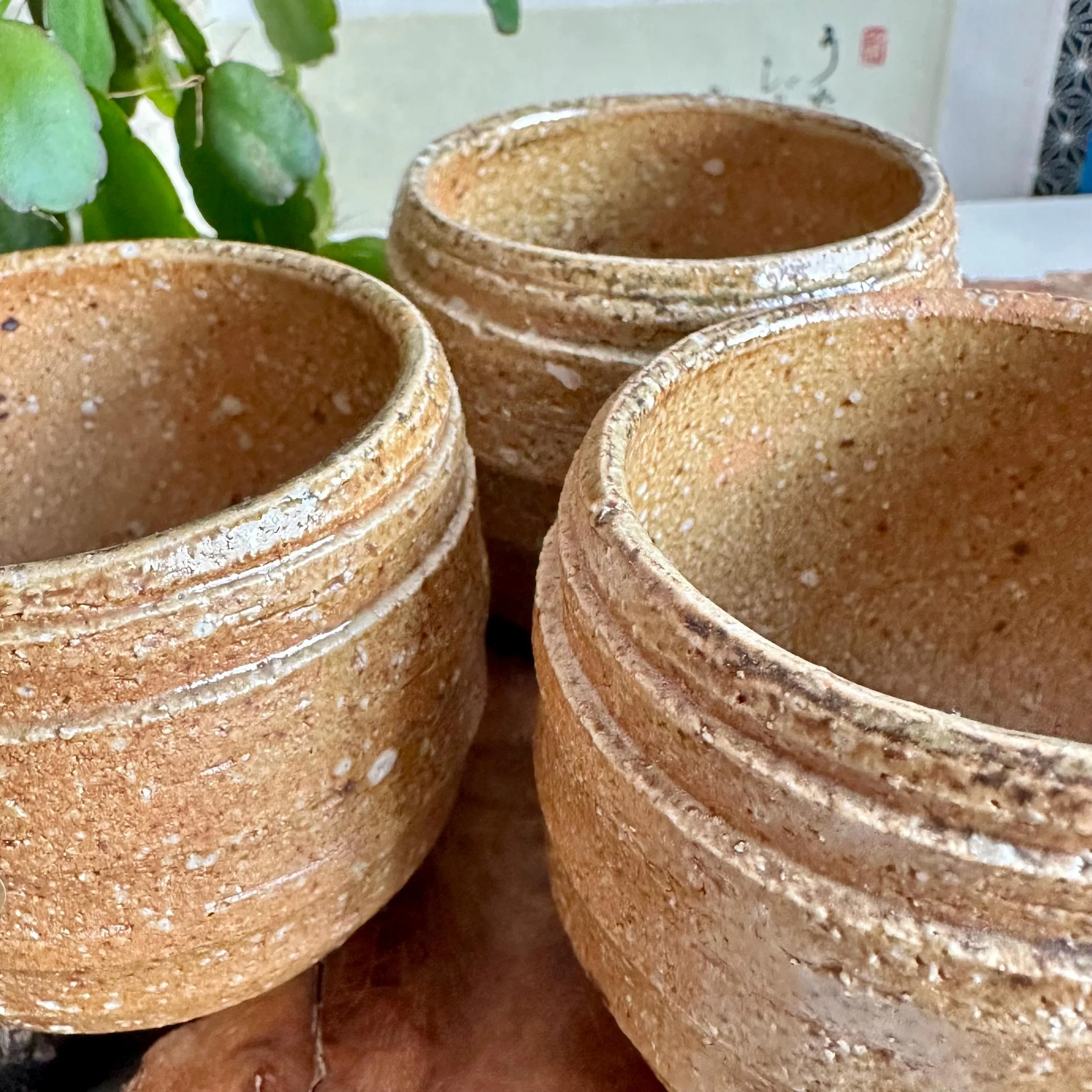 Three Shigaraki-yaki cups grouped, interiors visible from above
