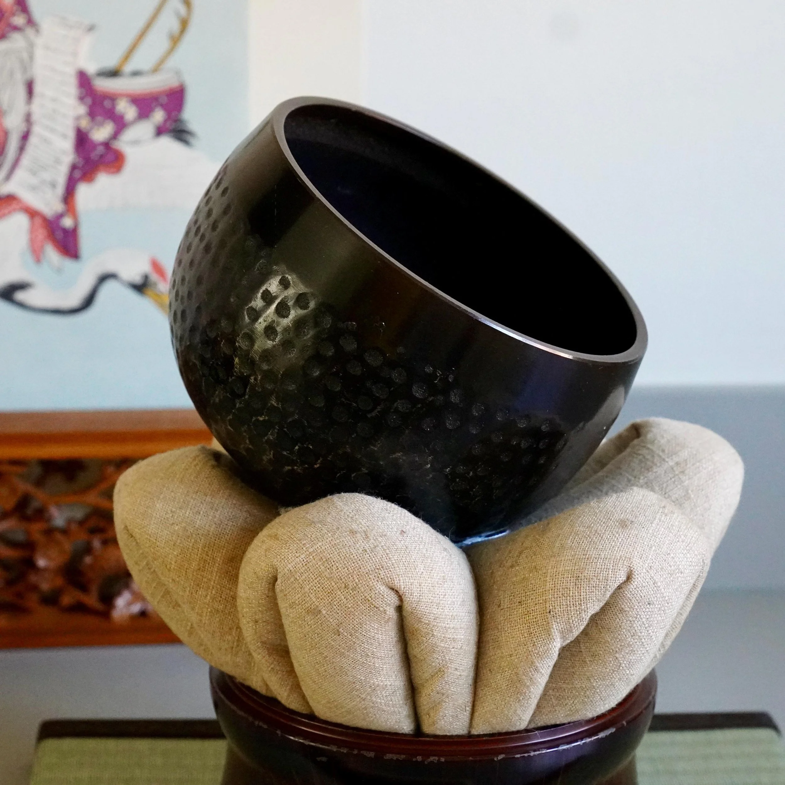Japanese orin bell and lotus cushion set, three quarter angle