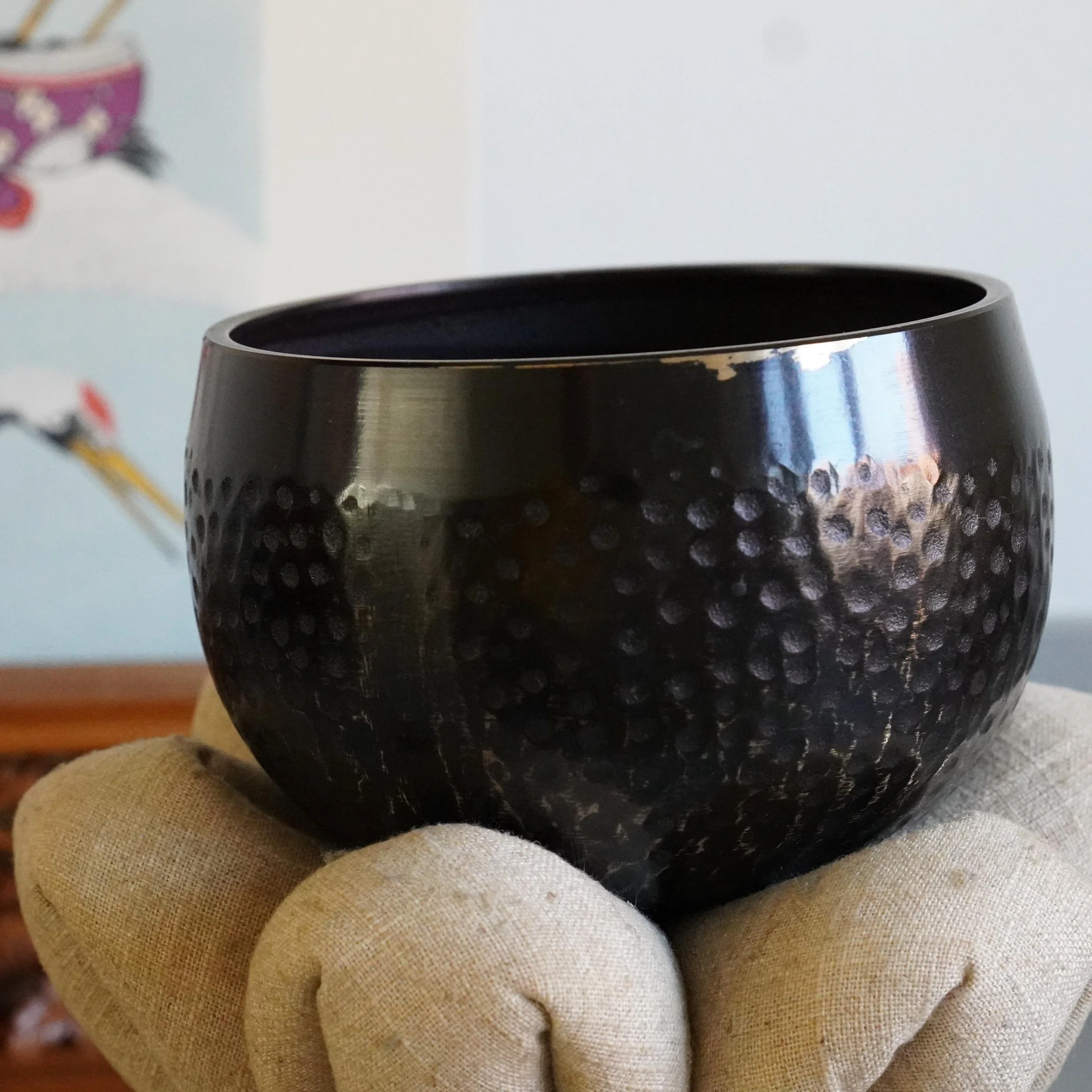 Tsuchime hammered bronze detail on antique orin singing bowl