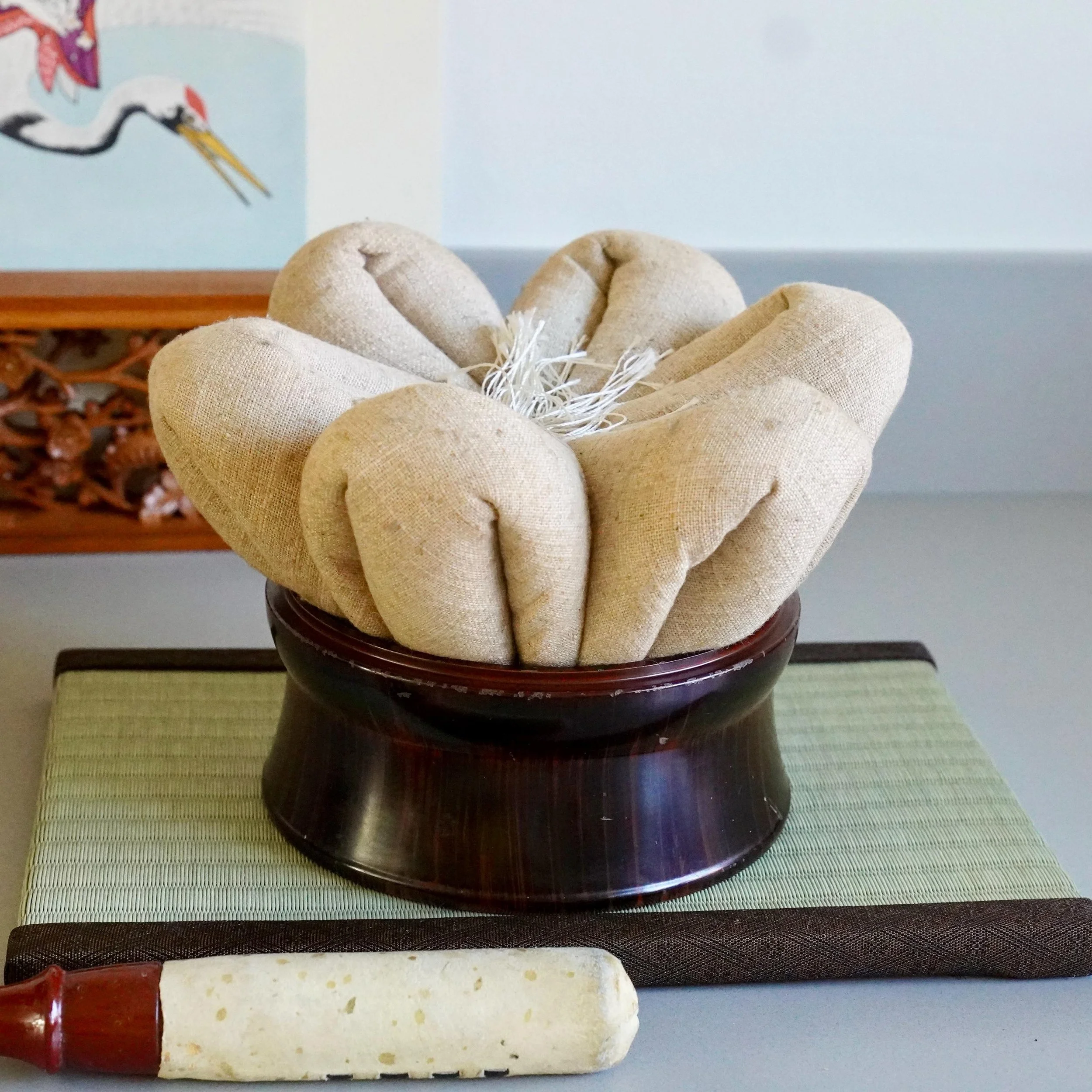 Linen lotus cushion detail for Japanese orin singing bowl