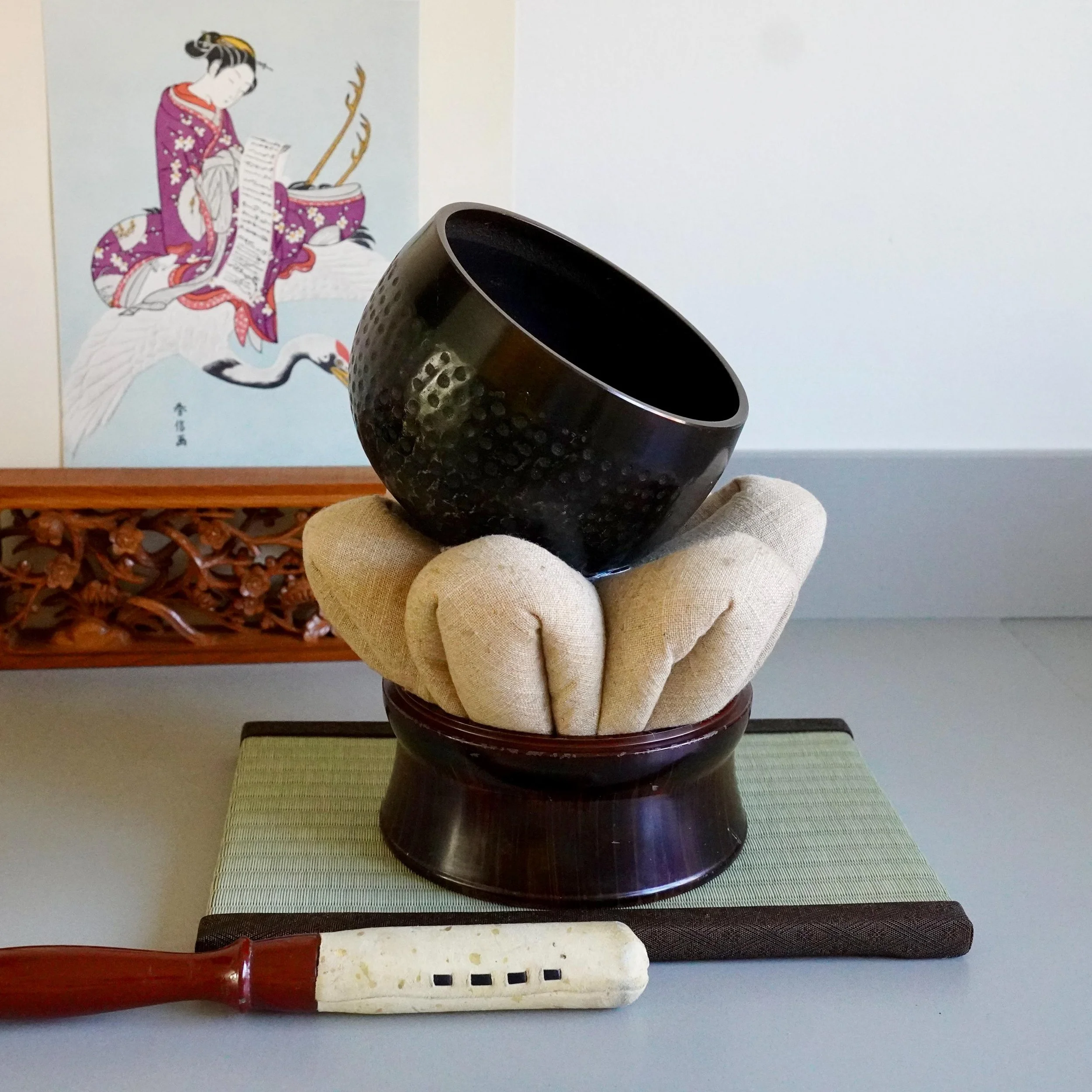 Antique Japanese bronze orin set, full view with mallet and stand