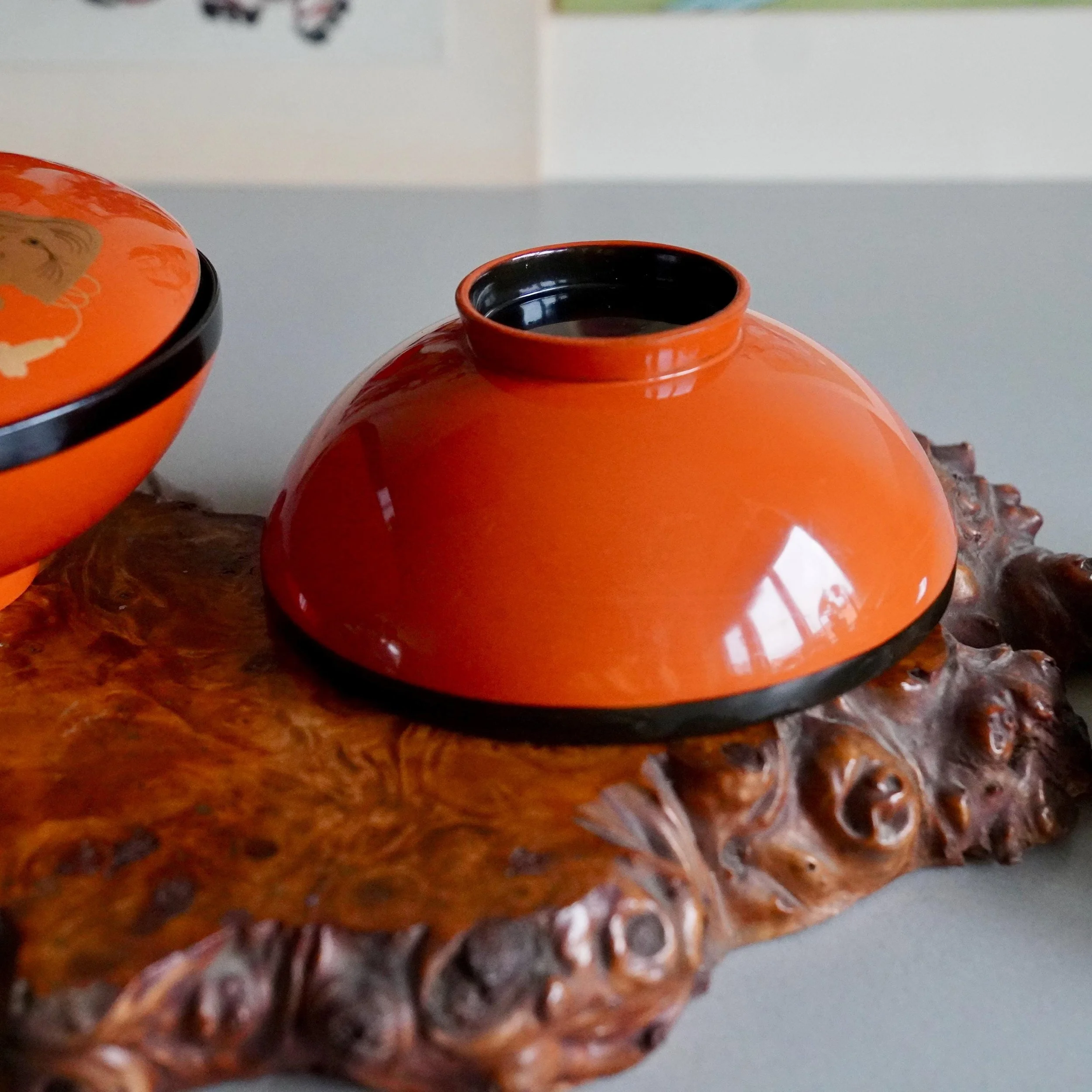 Close up of black lacquer outside vermillion urushi owan bowl