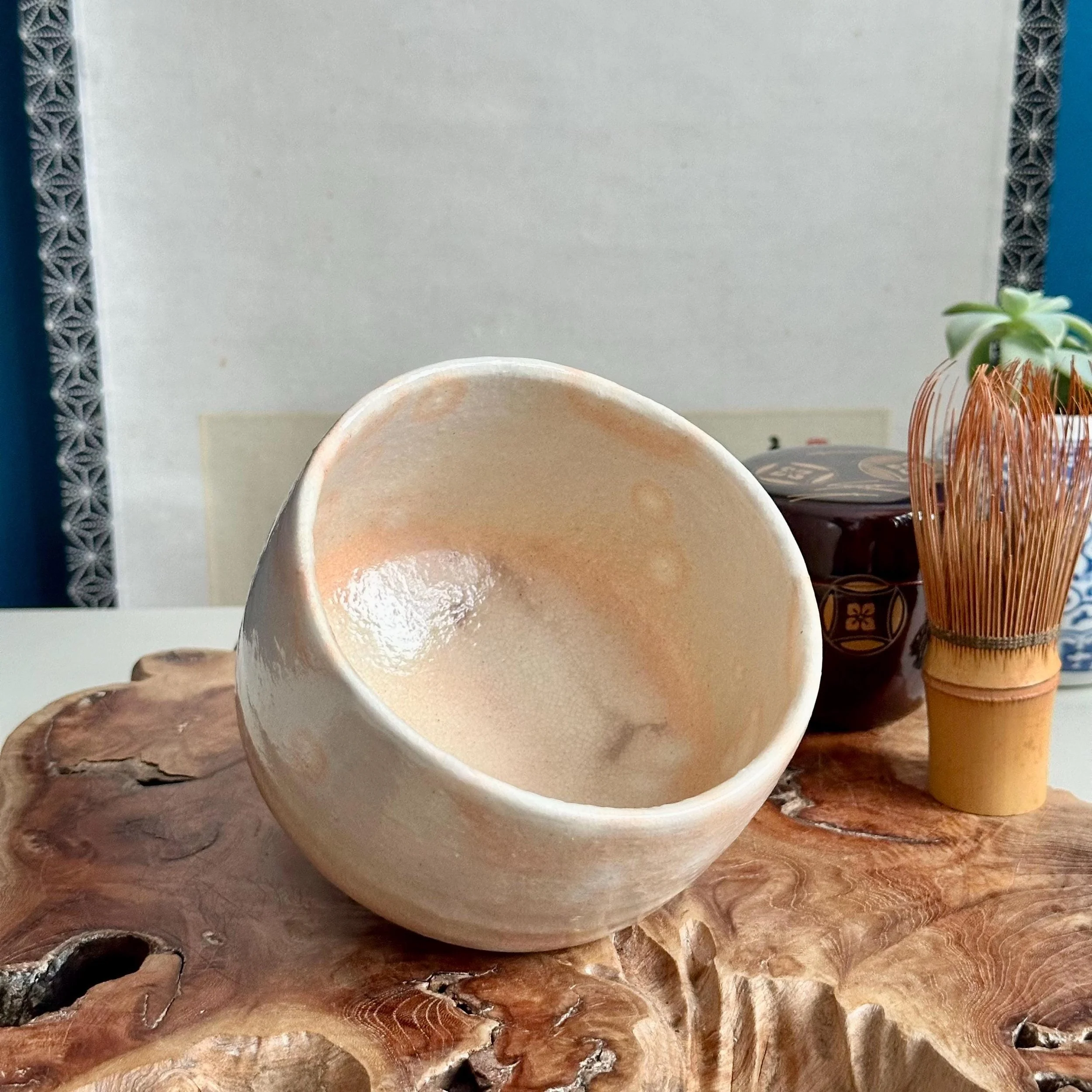 Interior view of Hagi-yaki chawan showing pale glaze and kannyu crackle pattern