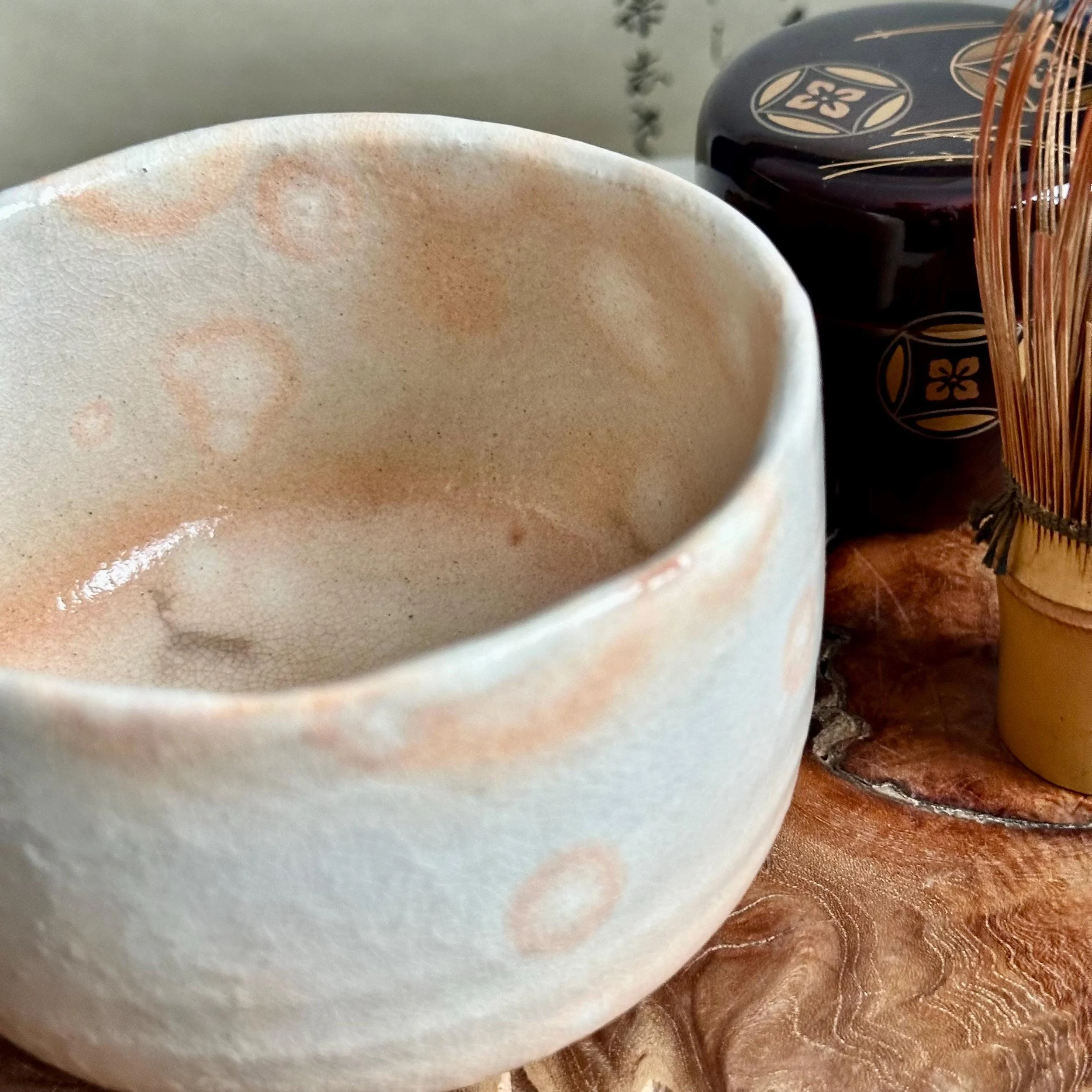 Interior close up of Hagi-yaki chawan showing fine kannyu crackle glaze