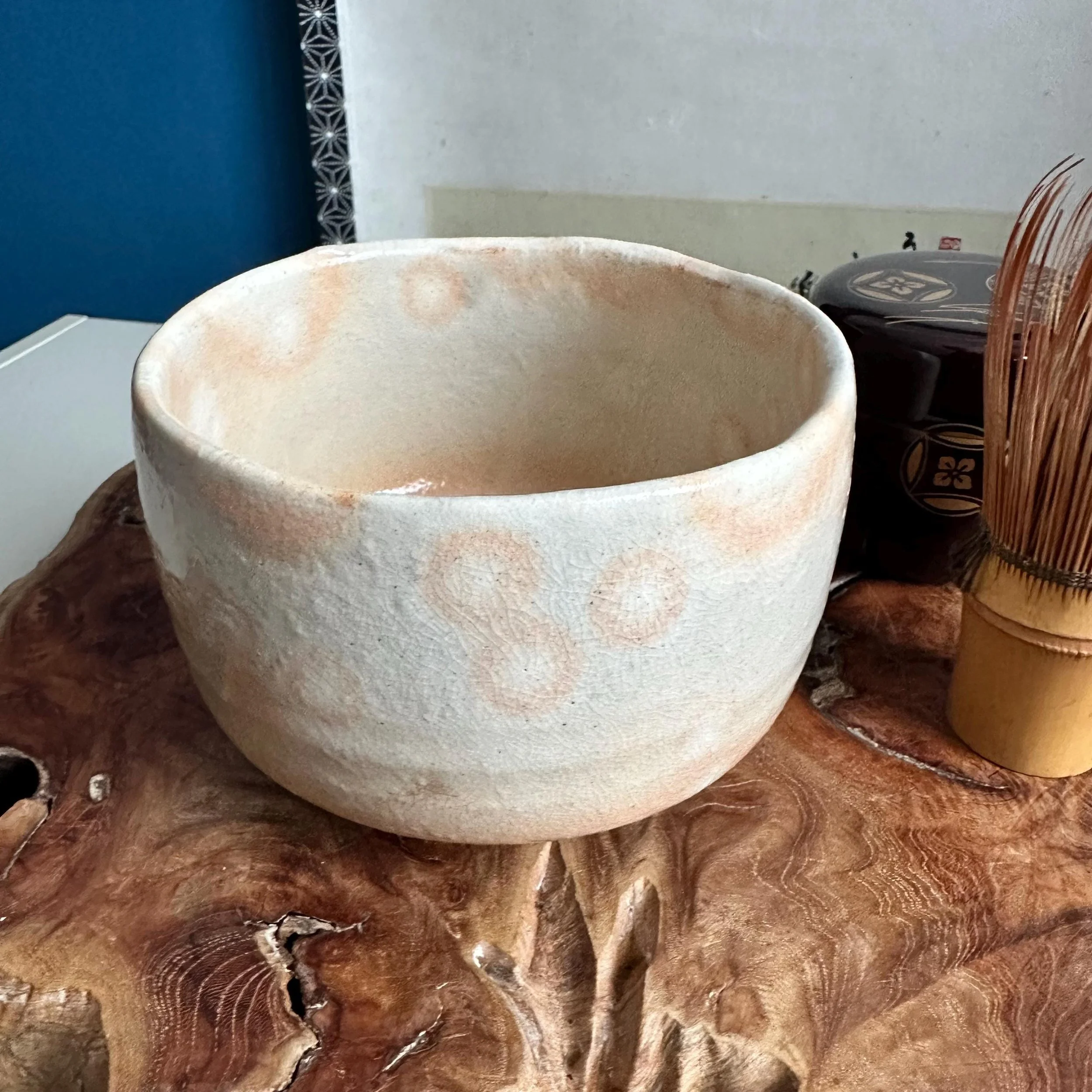 Final front view of Hagi-yaki gohonde chawan, Shōwa period Japanese tea bowl