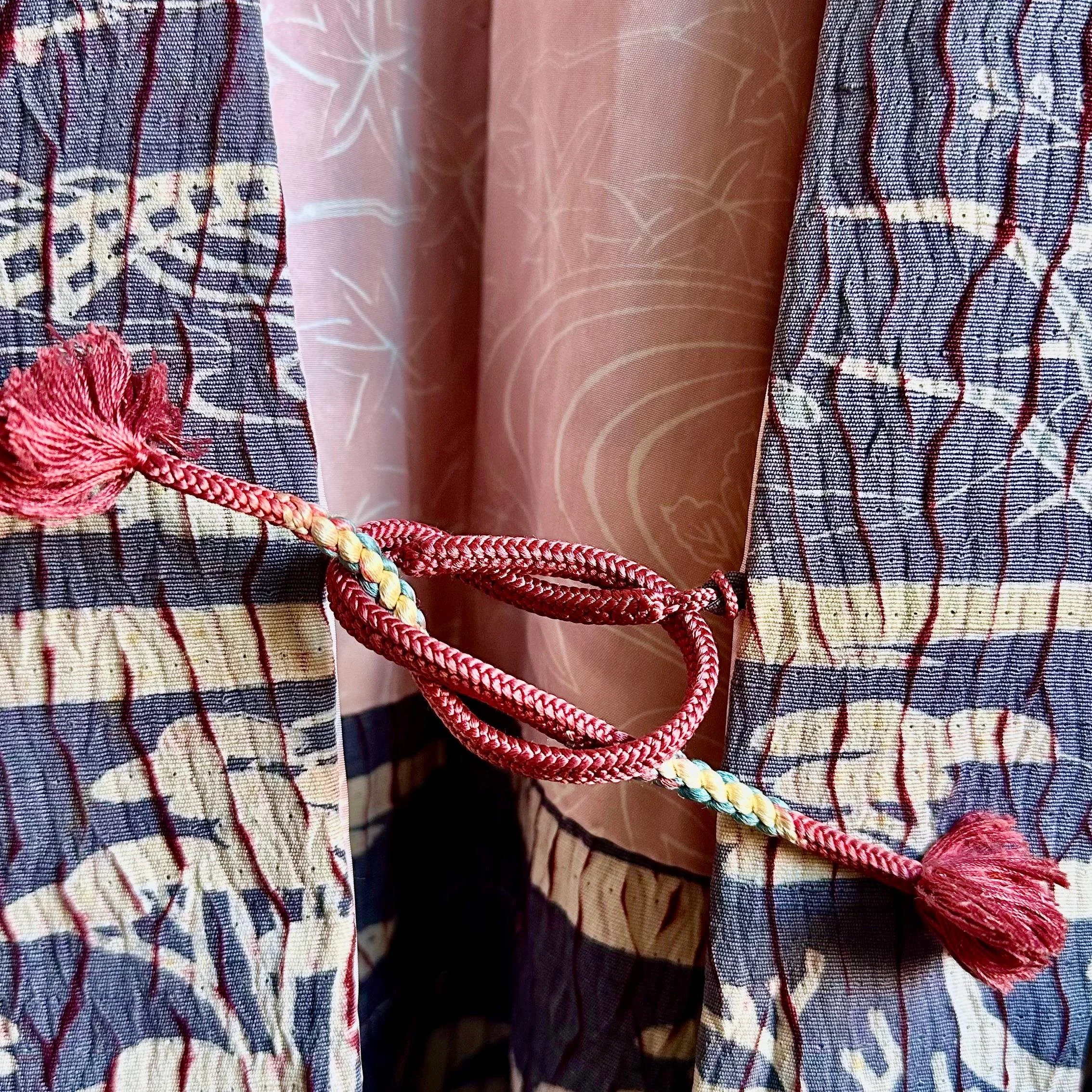 Haori-himo braided silk cord with burgundy tassel, vintage Japanese haori chirimen, Shōwa period