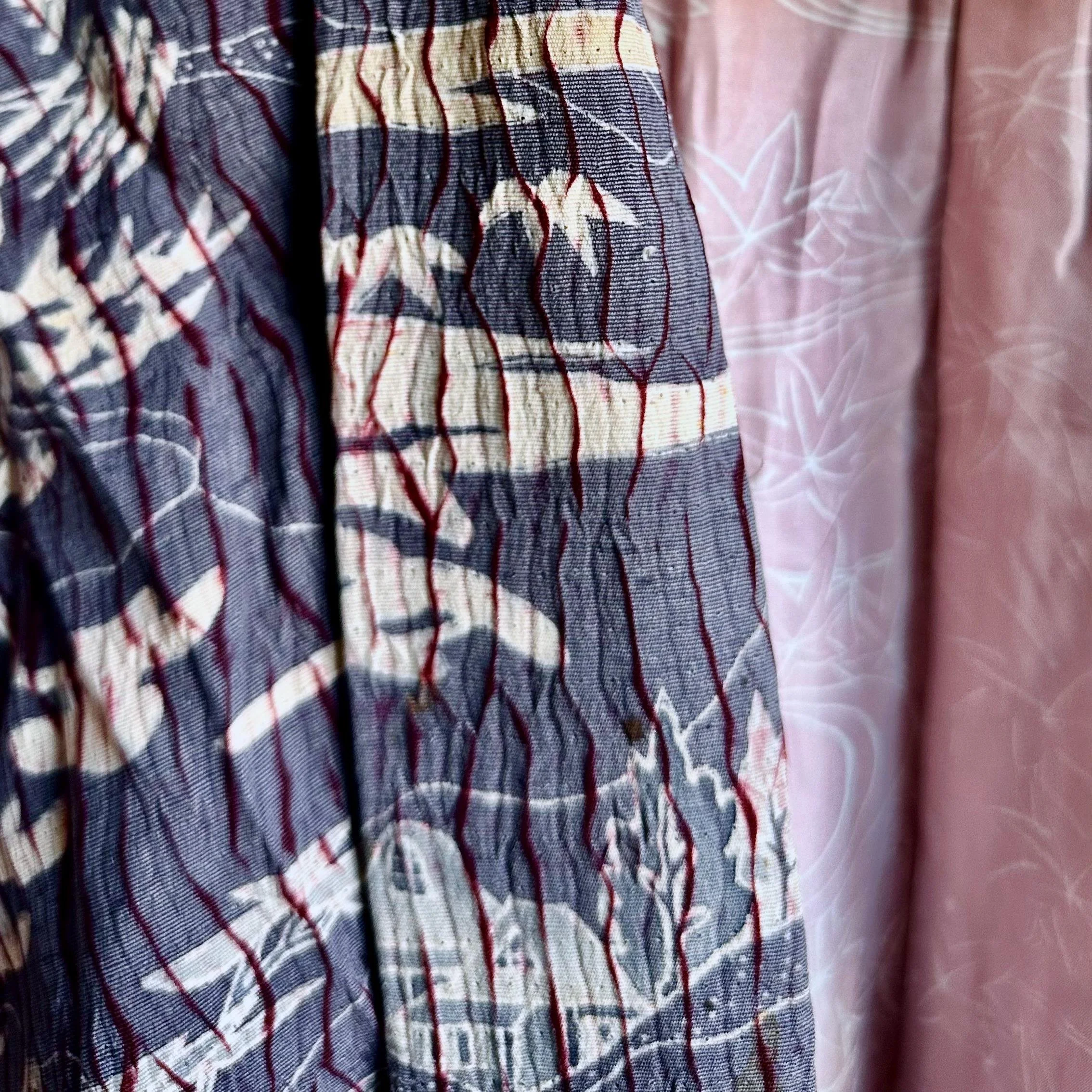 Chirimen exterior and pink silk lining edge detail, vintage Japanese haori, Shōwa period