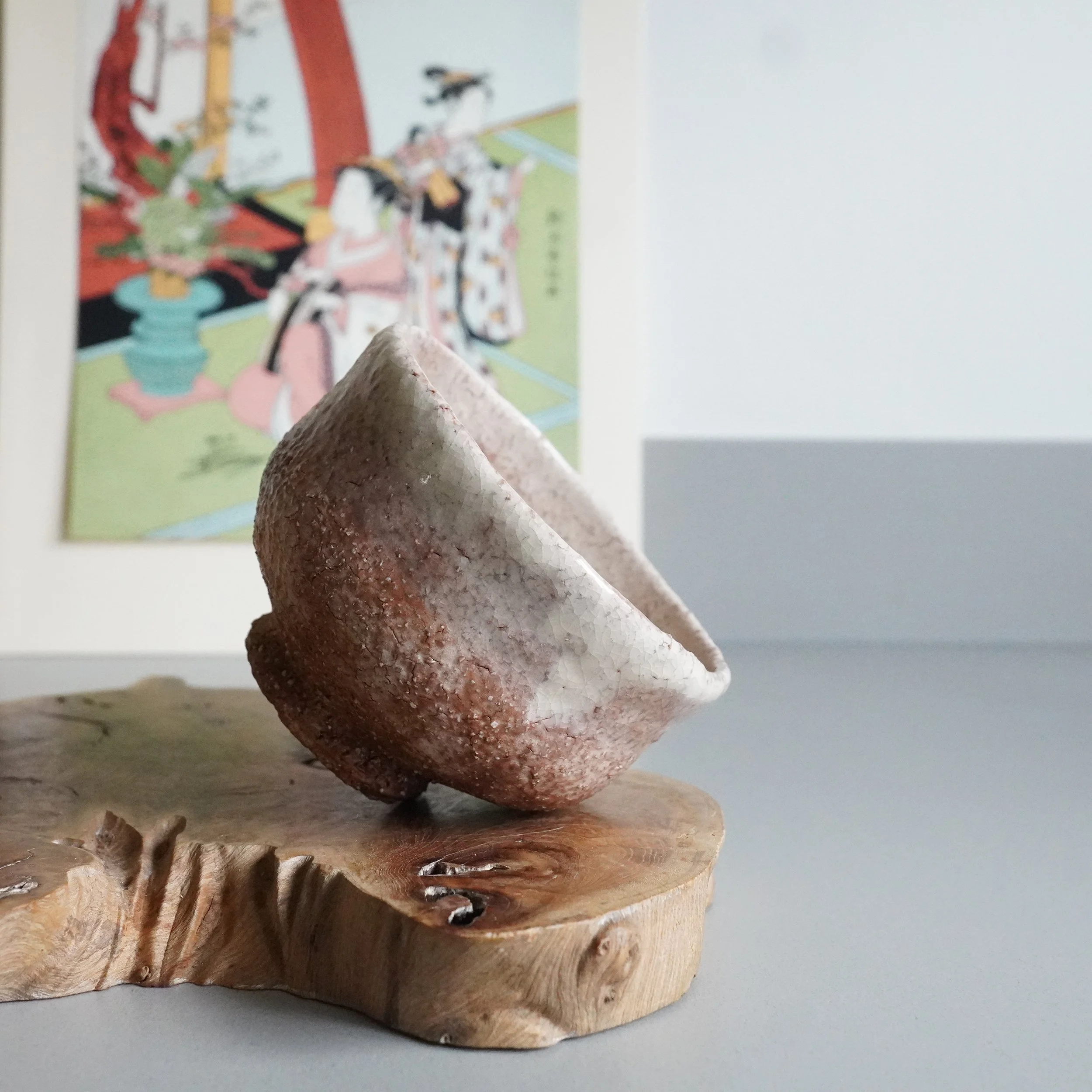 Oni-Hagi chawan Hirose Nanshu Tanga, irregular rim and white ash glaze over red clay