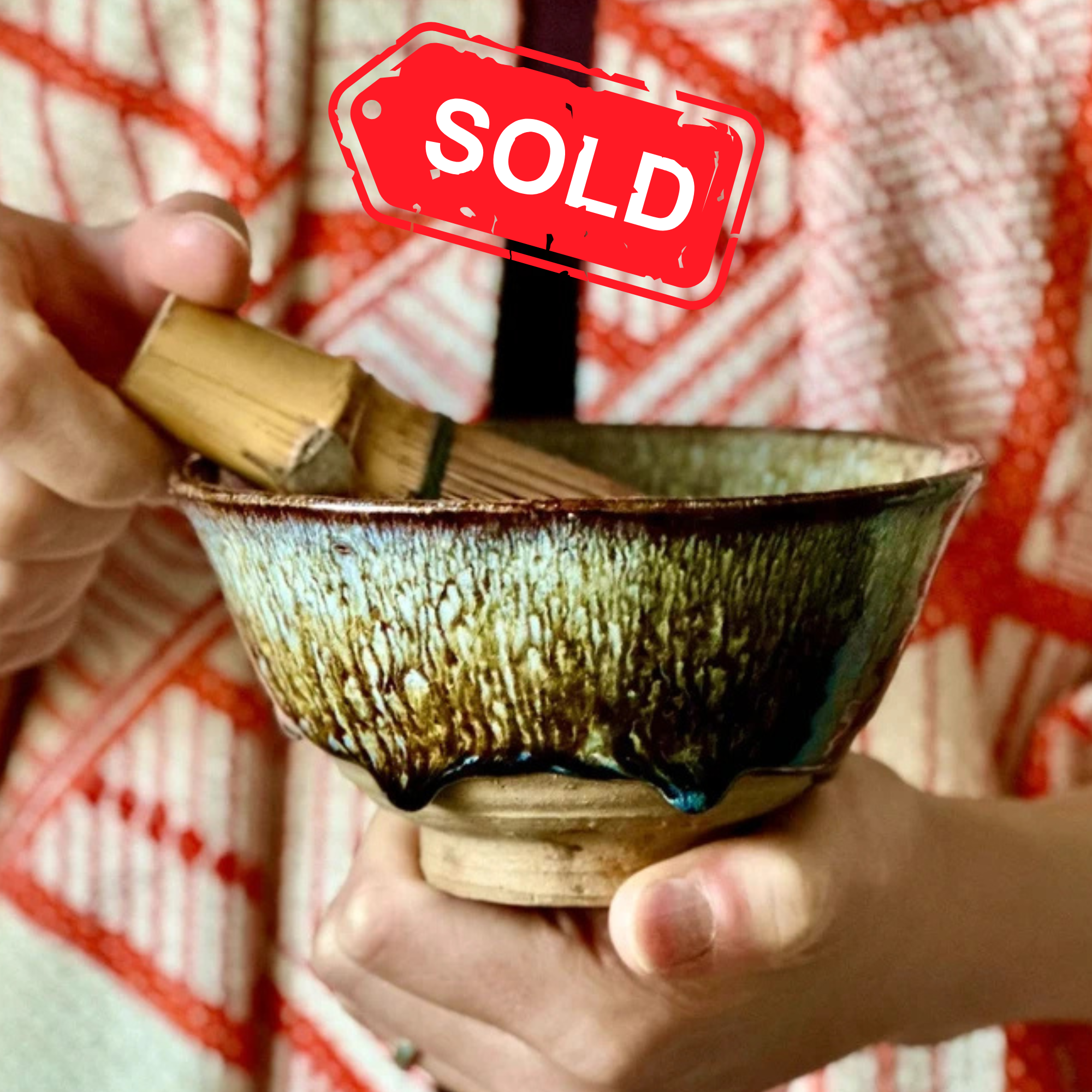 (sold) Kutani-yaki Tenmoku matcha bowl by Teramae Tameichi with original tomobako, Shōwa