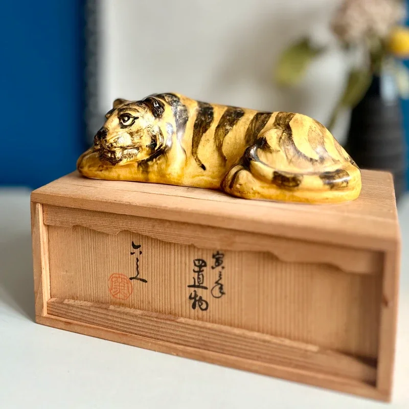 Japanese Kiyomizu Rokubei VI tiger okimono ceramic tomobako Showa.webp