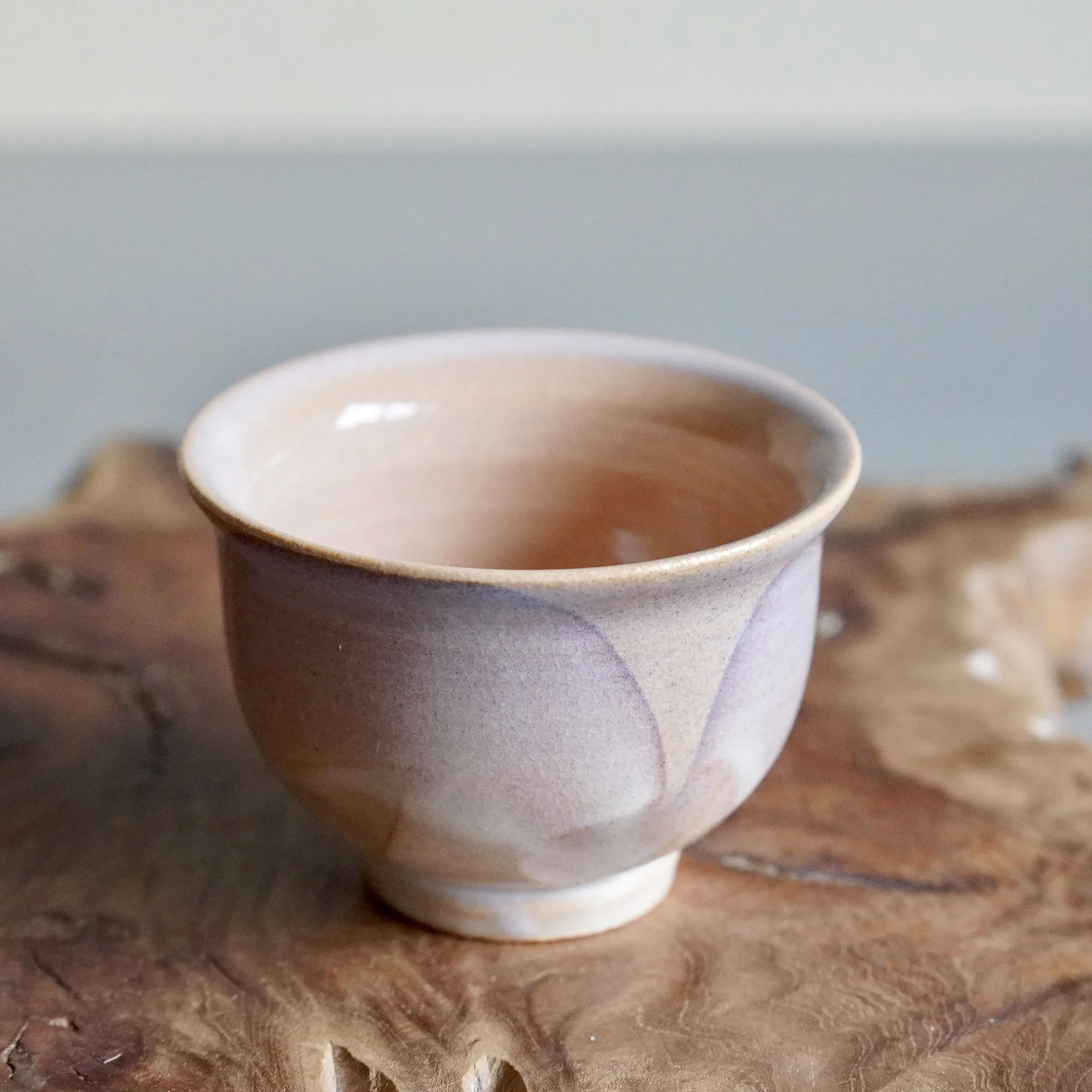 9. Hagi-yaki yunomi cup, front view, lavender and pearl white glaze