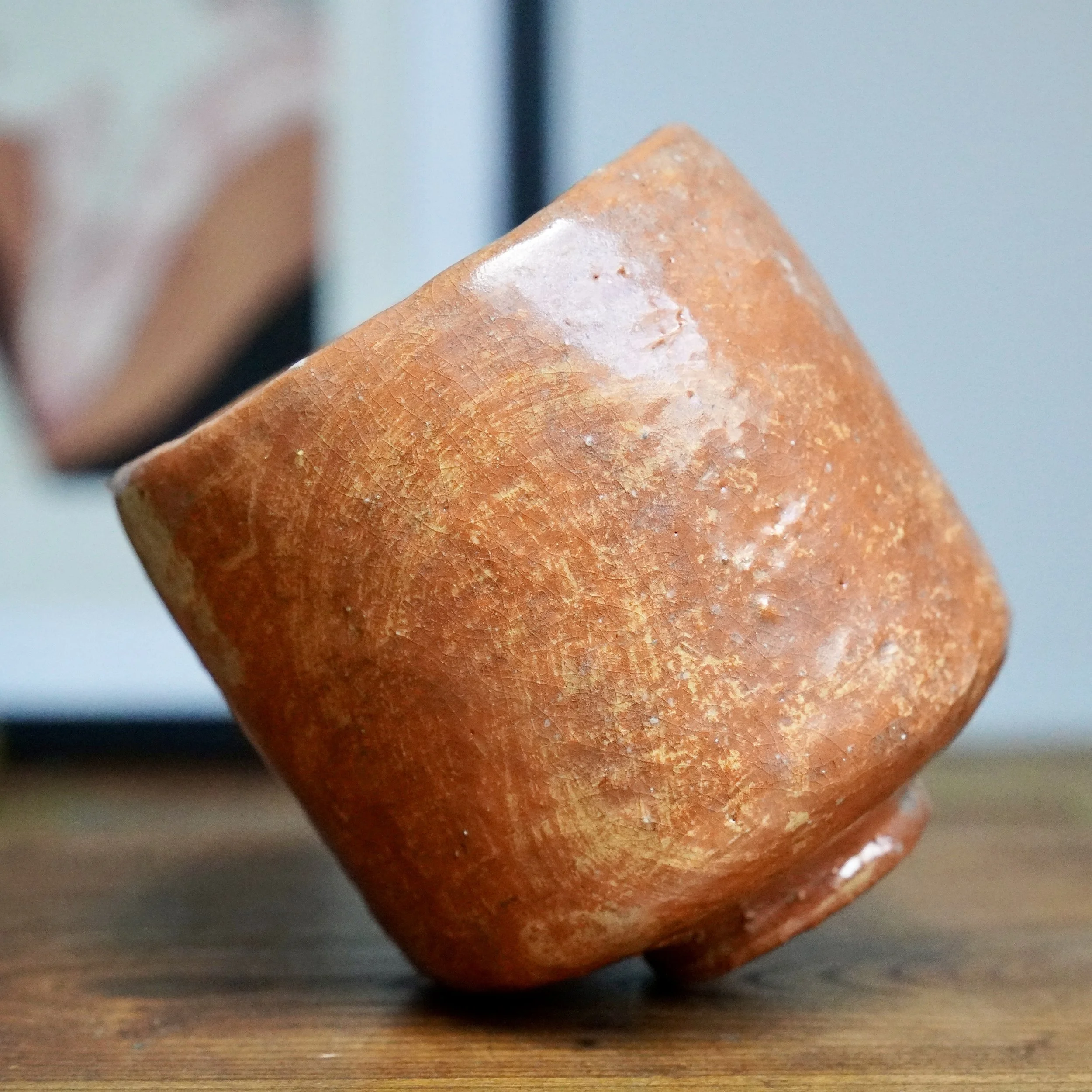 Tall red raku style tsutsu chawan with white drip glaze, Hioki Nanshū kiln, late Shōwa