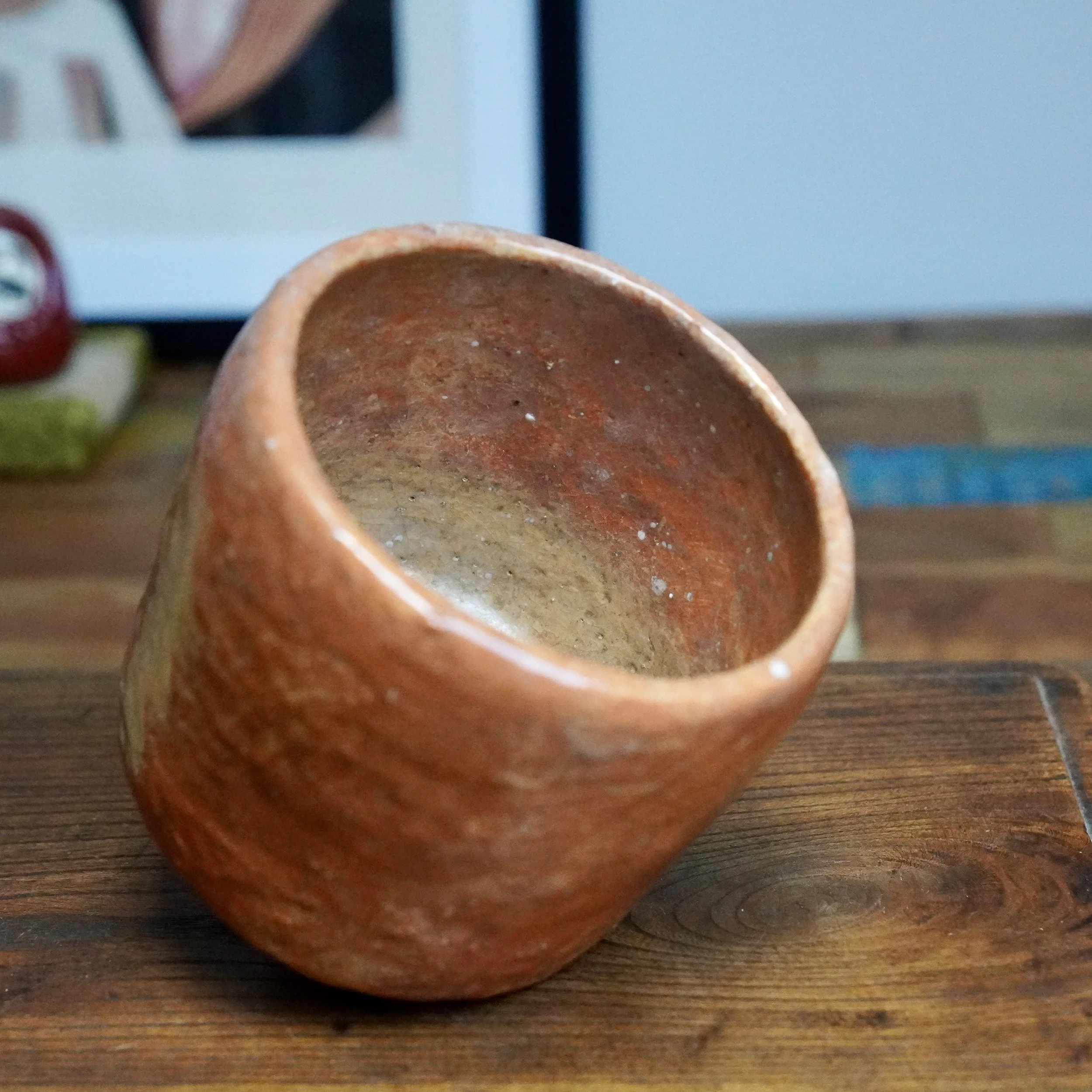 Terracotta-hued ceramic bowl with a textured, speckled interior and lighter streaks, angled on a wooden surface.