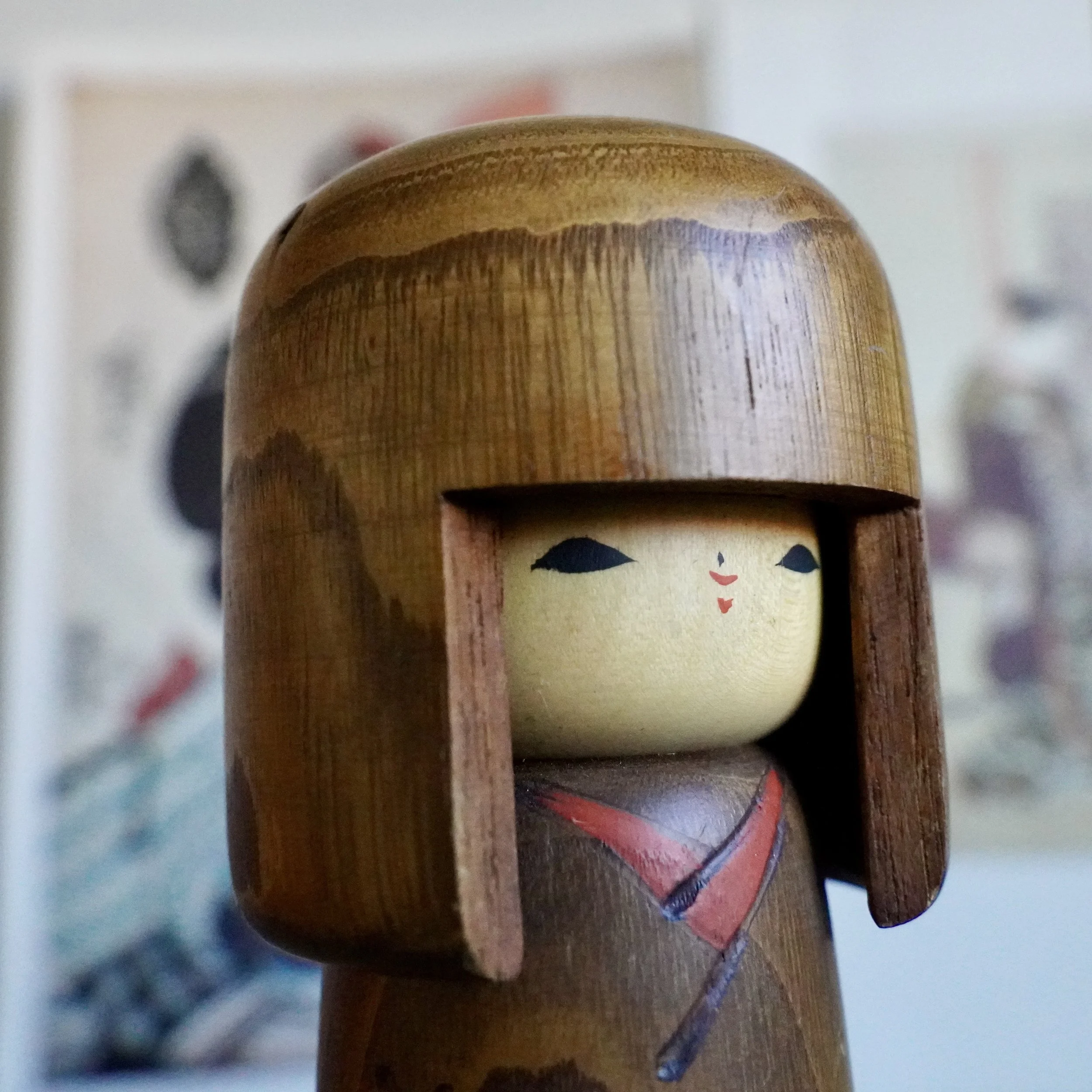 Usaburo kokeshi natural wood hair painted face detail small doll