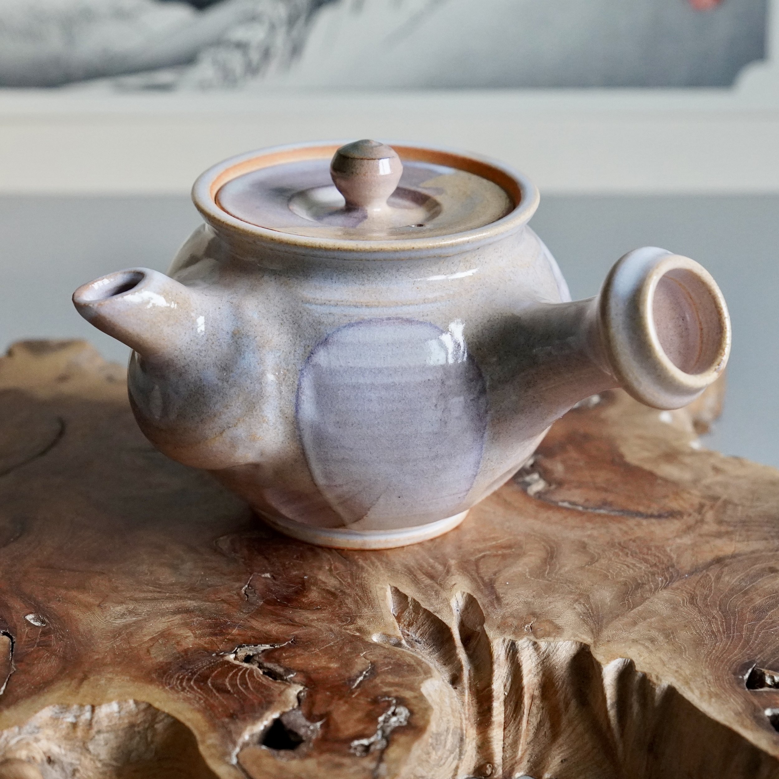 15. Hagi-yaki kyusu, full side view, pearl white and lavender glaze