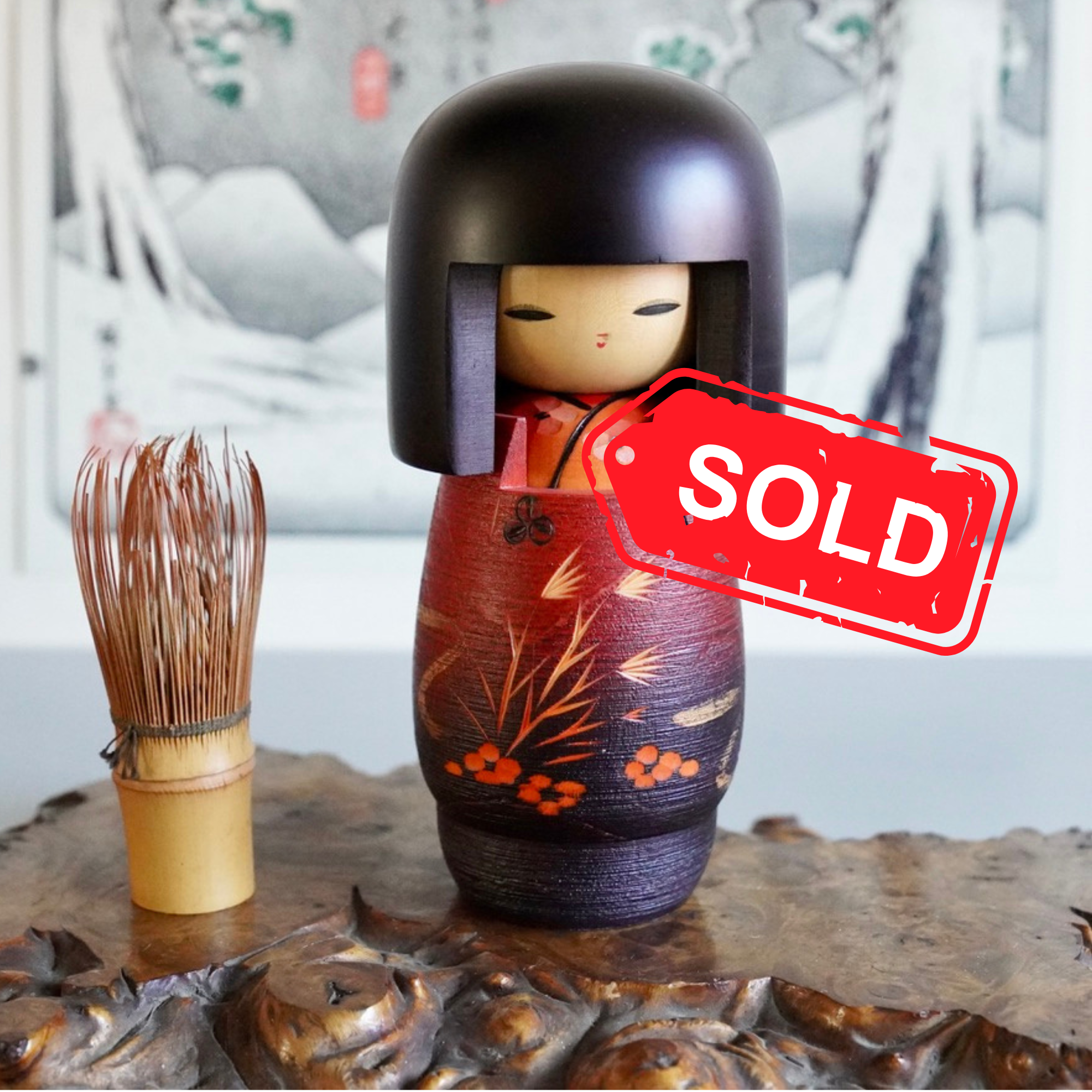 (sold) Sōsaku kokeshi by Fujikawa Masae, 18 cm, floral michiyuki body, signed, Shōwa period