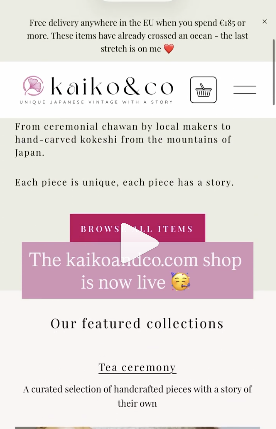 video of the new website scrolling through for japanese home decor personally sourced by me from japan shipped from EU kokeshi natsume tea ceremony matcha chawans koro incense burners foo dogs maneki neko for sale