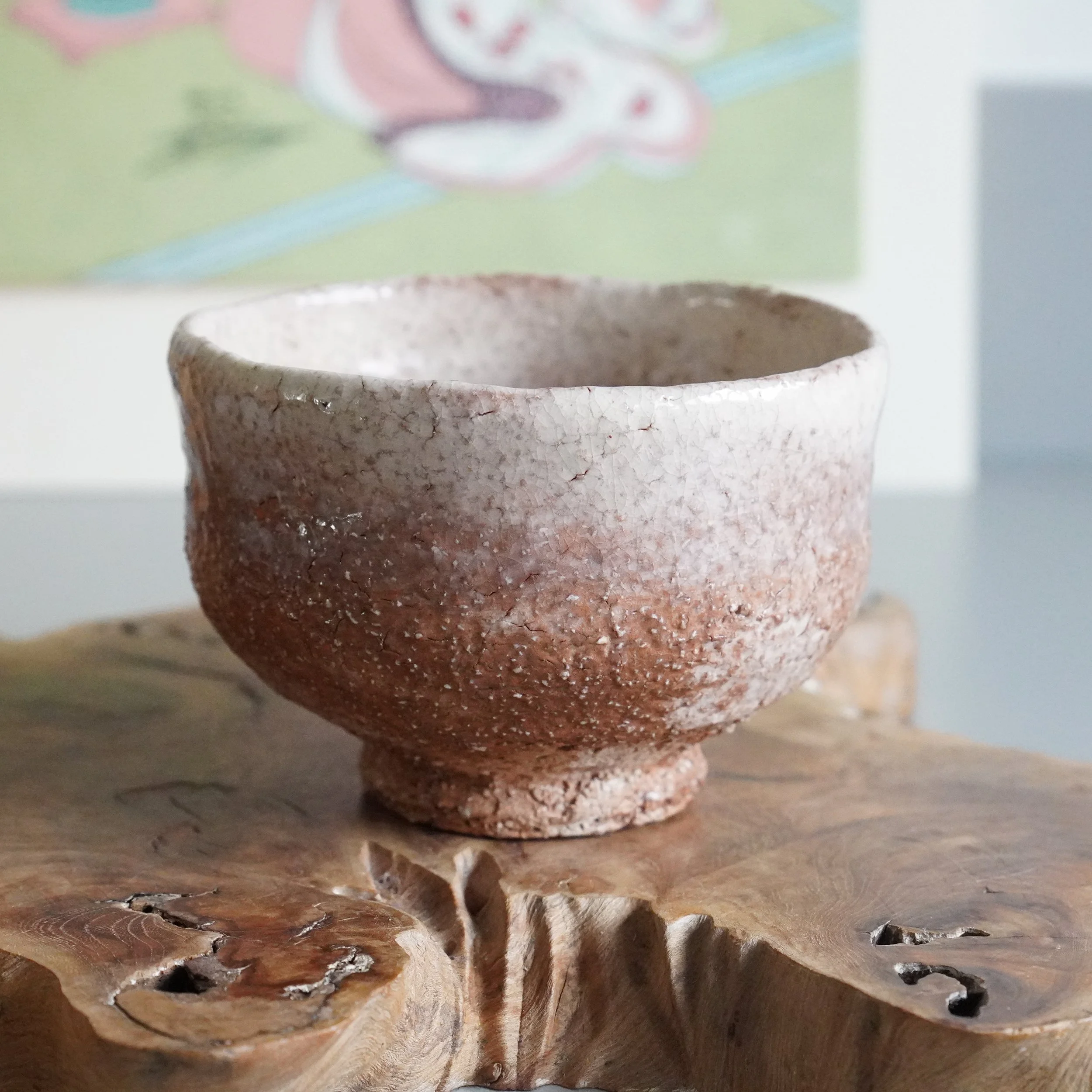 Oni-Hagi chawan Tenpōzan kiln, white glazed upper body and exposed clay below front view