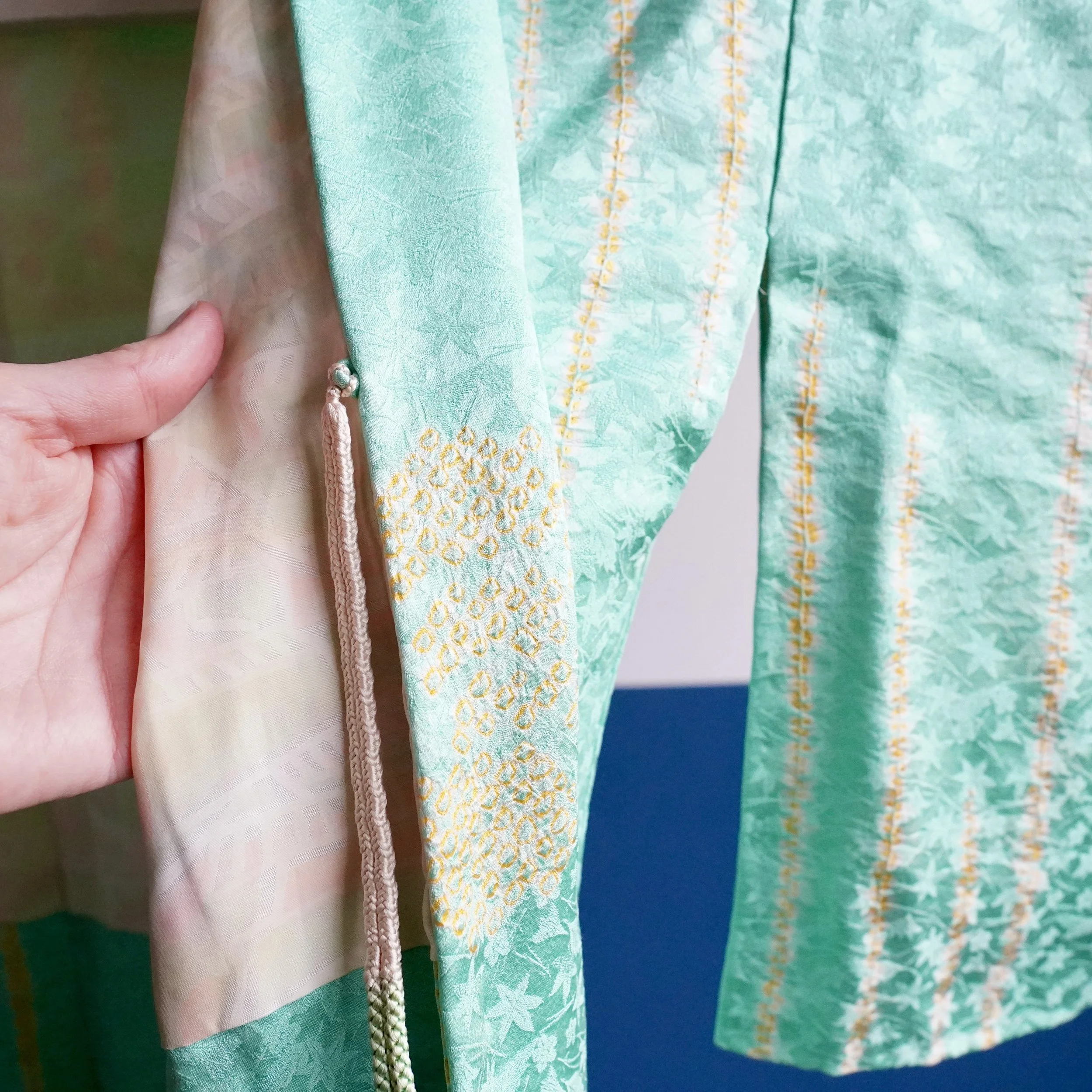 Japanese silk haori mint green shibori gold maple leaf close up