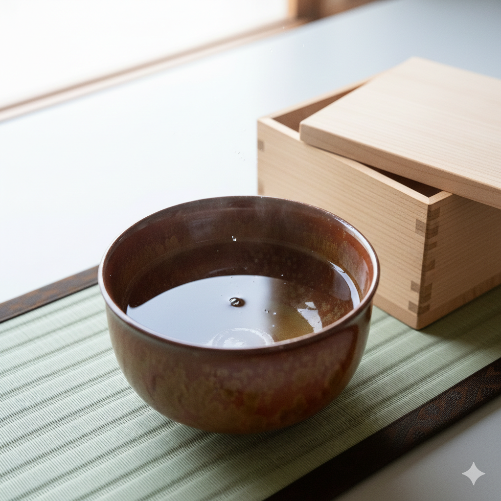 A ceramic bowl filled with dark liquid, placed on a green striped mat next to a wooden box with a sliding lid.