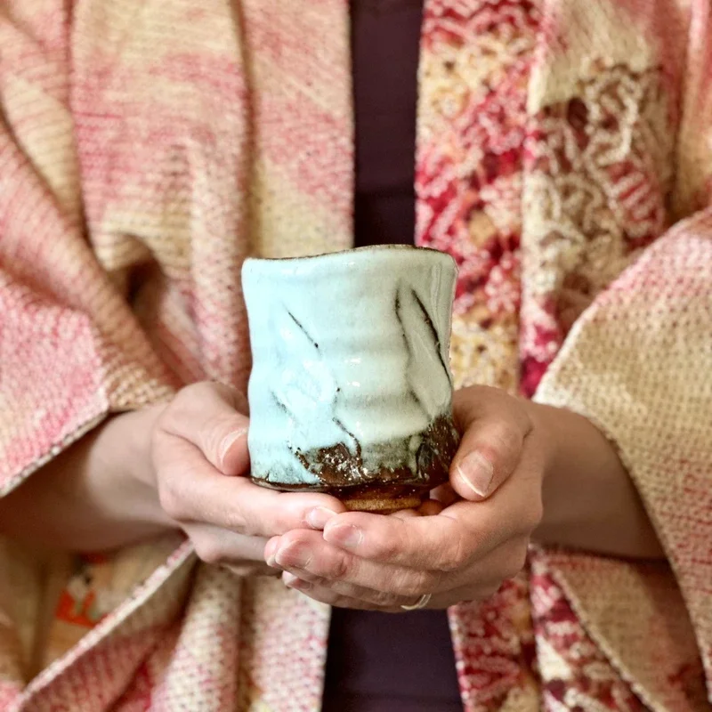 Japanese Hagi-yaki yunomi pair Mukuhara Yoshitoshi Furuhata-gama Showa with shiori documentation
