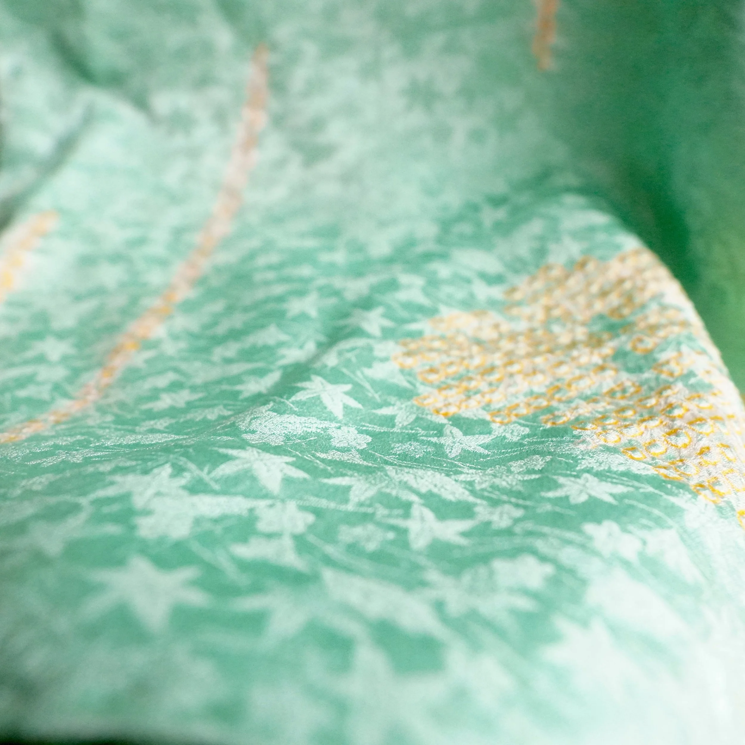 Japanese silk haori mint green shibori gold maple leaf print