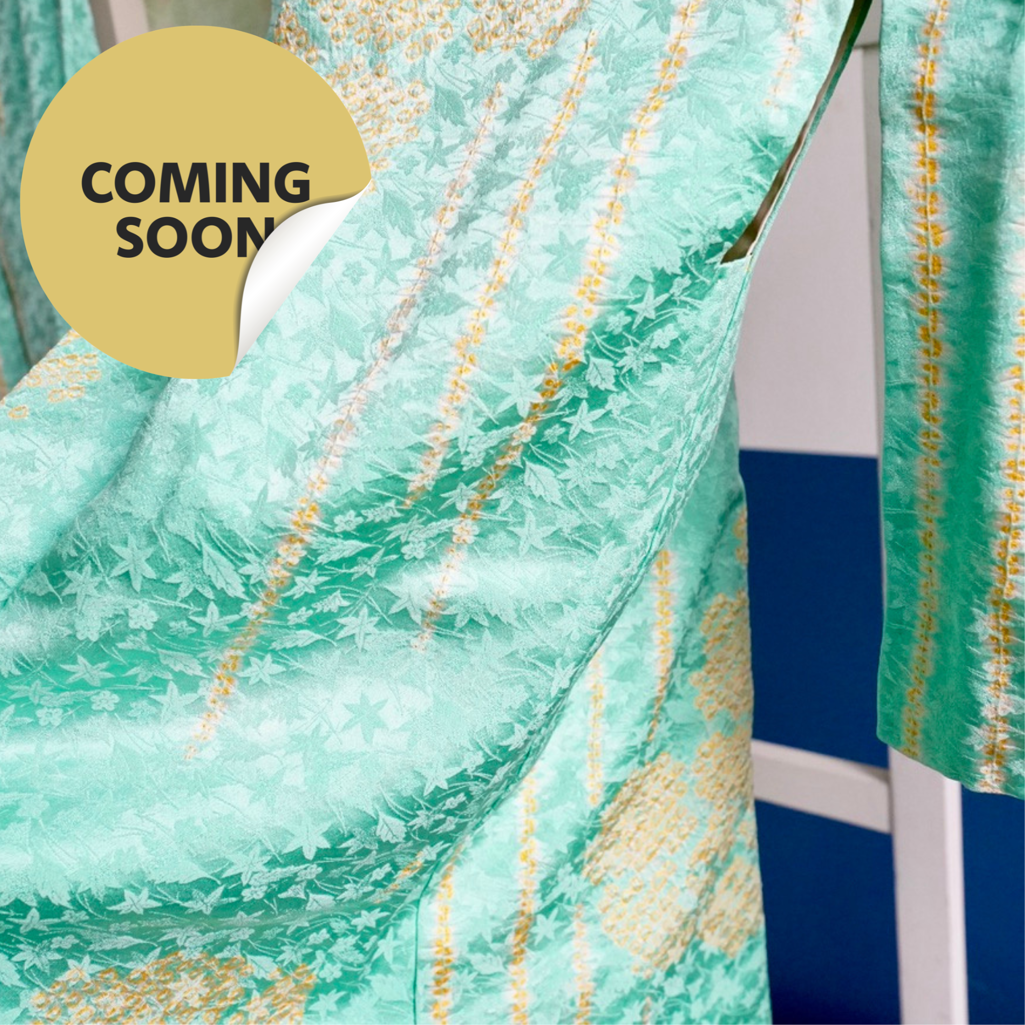 (coming soon) Silk haori kimono jacket with mint green maple leaf weave and gold shibori, original himo, Shōwa period