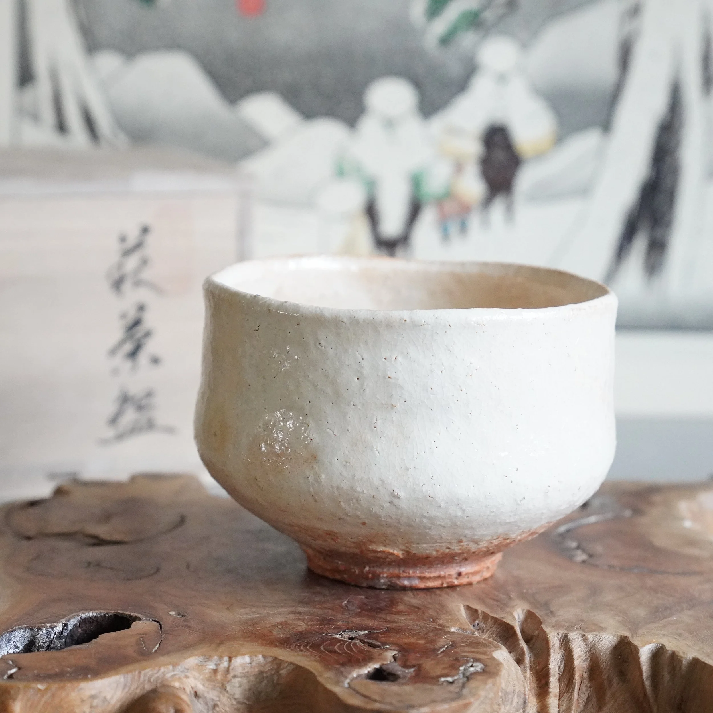 Hagi-yaki chawan Hirose Tanga Tenpōzan, white glaze over red Hagi clay full view