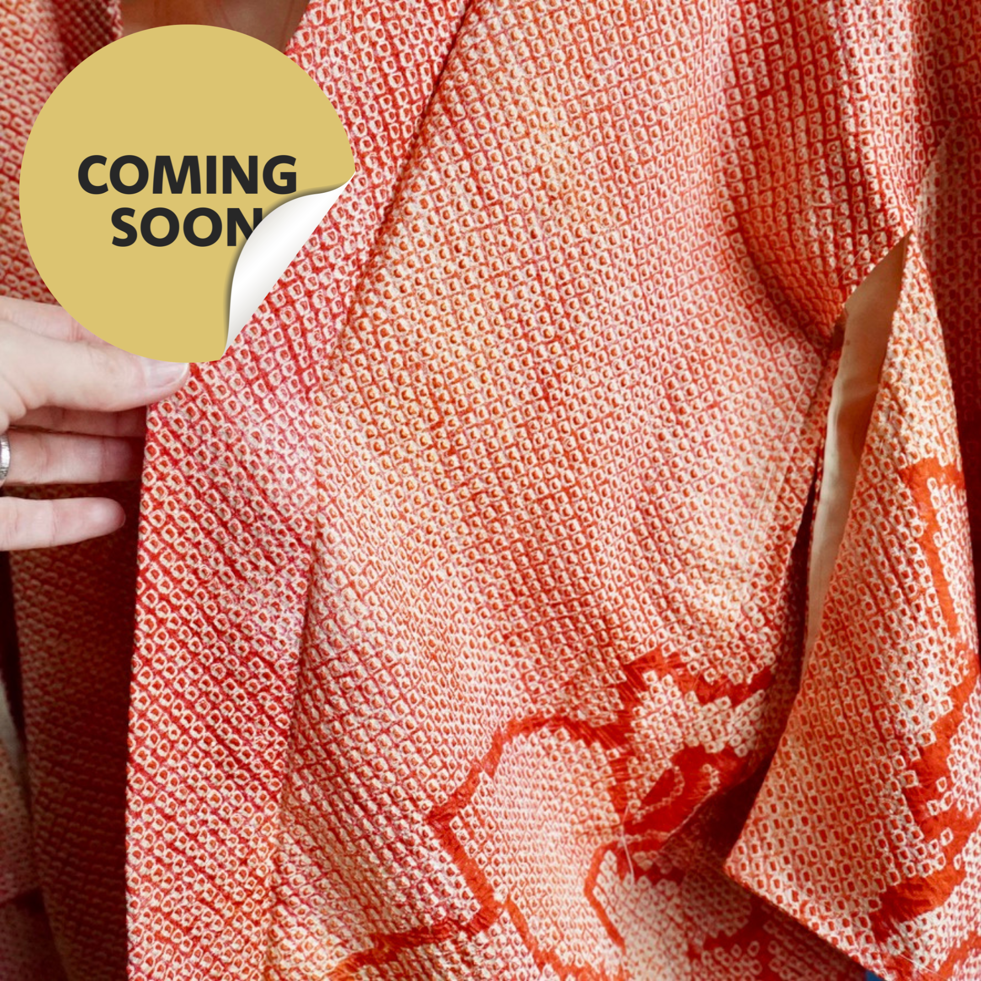 (coming soon) Silk haori kimono jacket, coral red shibori, unworn, chrysanthemum bamboo print inside, Shōwa period