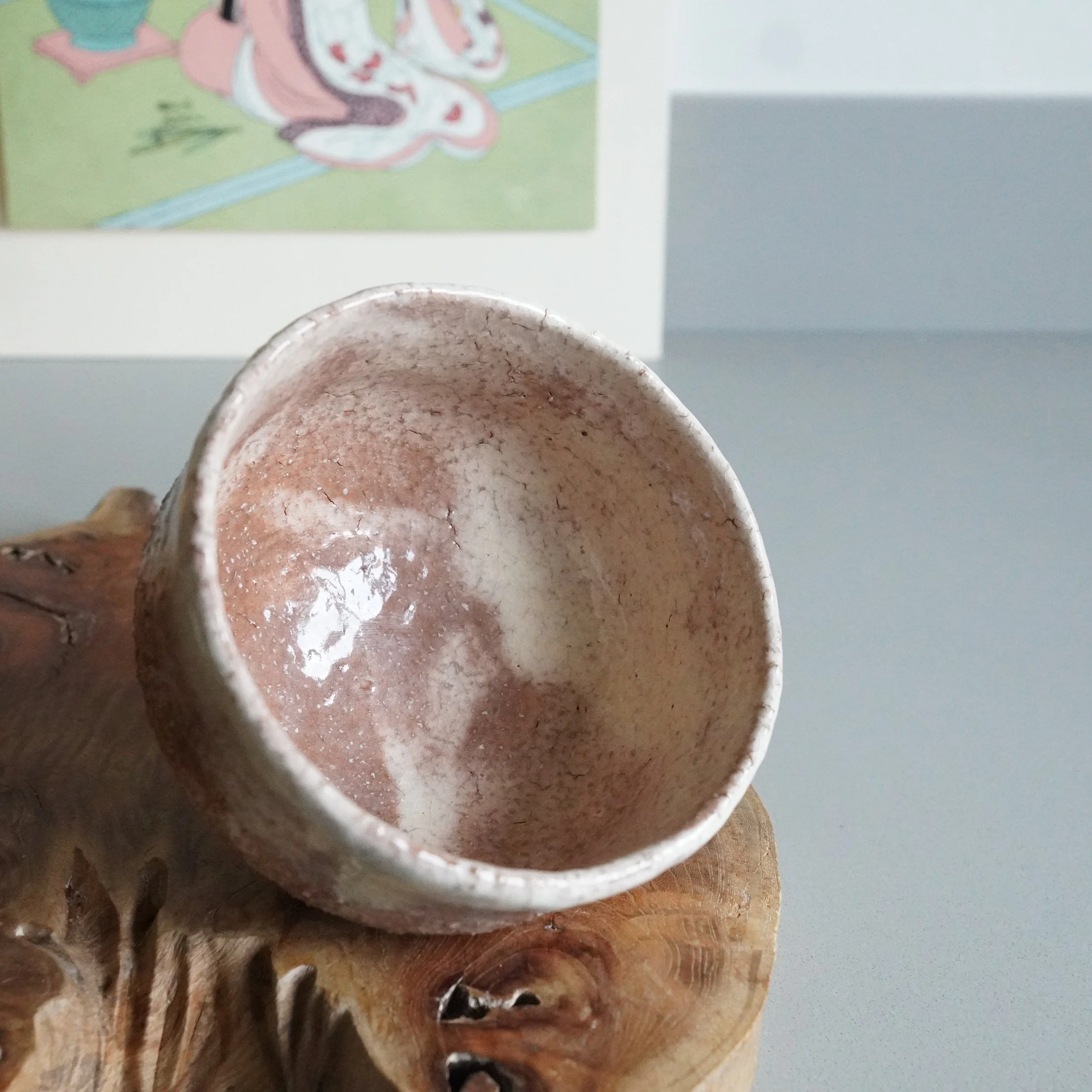 Interior Oni-Hagi chawan Tenpōzan kiln, pale glaze with craquelé