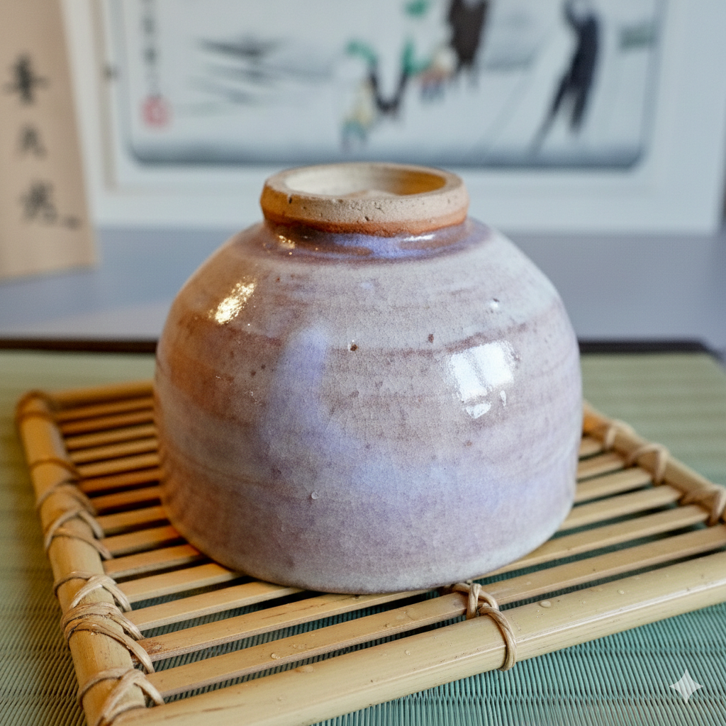 Close-up of a ceramic teapot or jar with a rounded shape and a wide opening, placed on a bamboo mat.