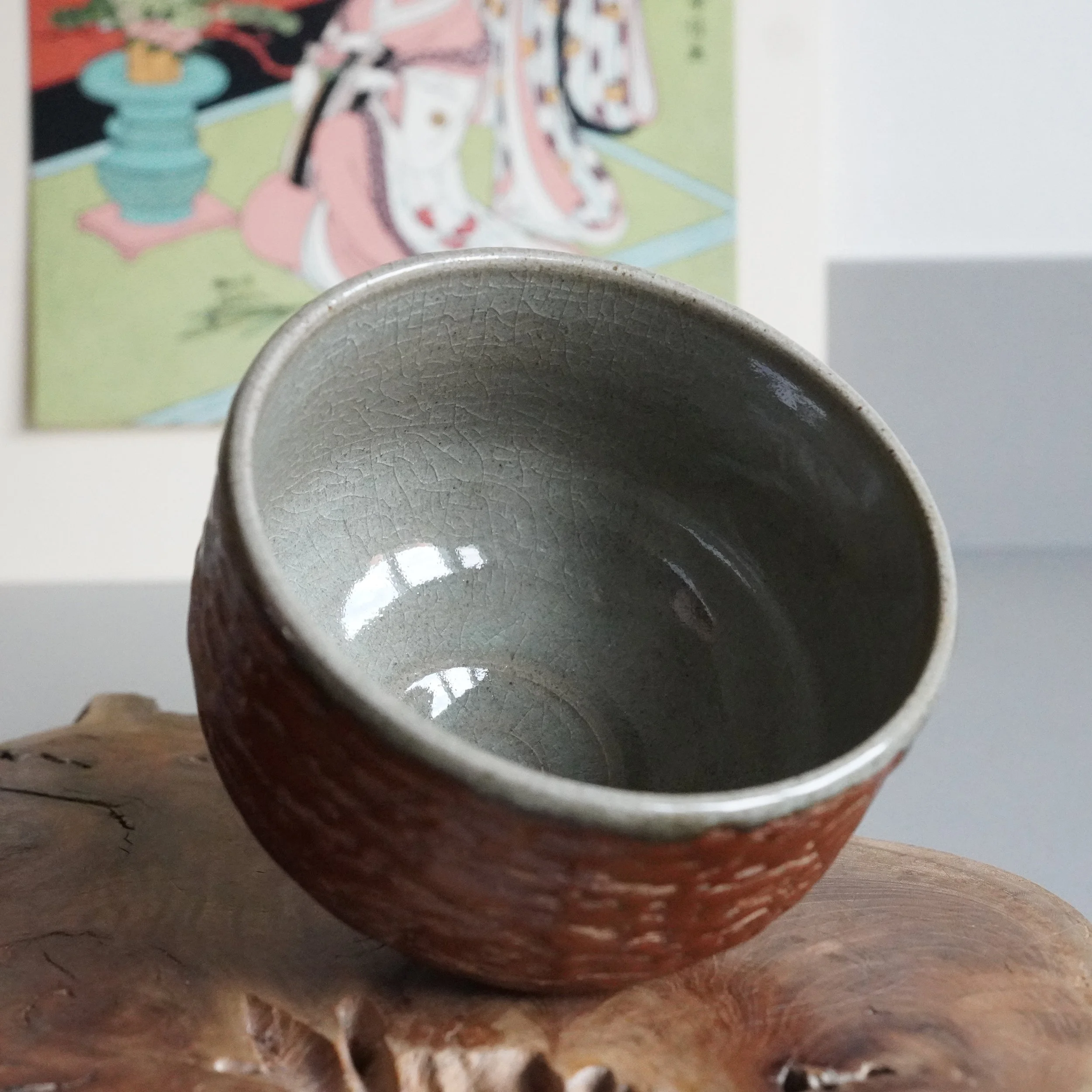 Interior glaze detail of Kujiro chawan, soft grey-green tone inside matsukawa bark-glazed bowl