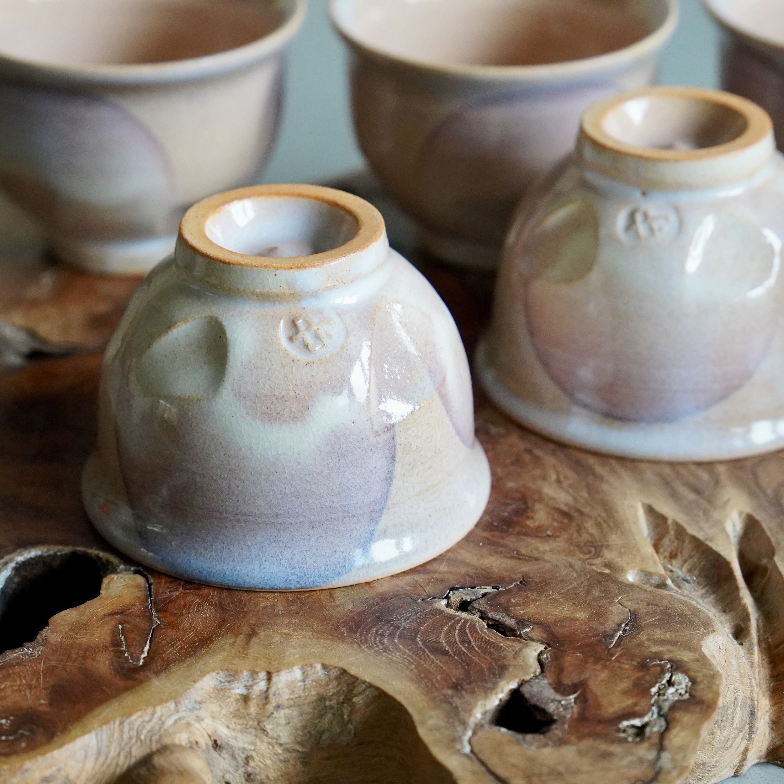 8. Two Hagi-yaki yunomi cups showing maker's seal detail